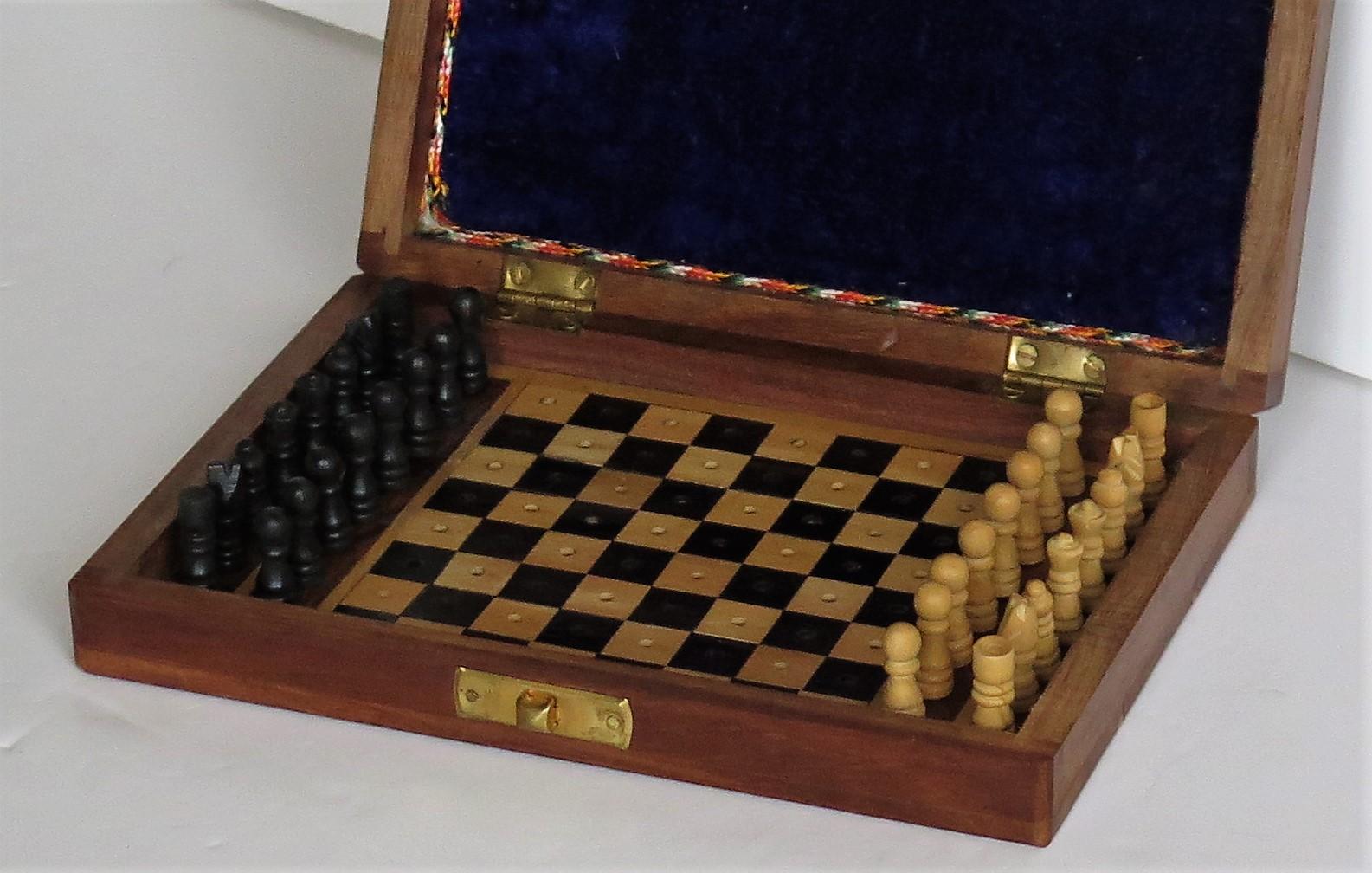 Folk Art Handmade Miniature Travelling Chess Set Game walnut Inlaid box, circa 1920
