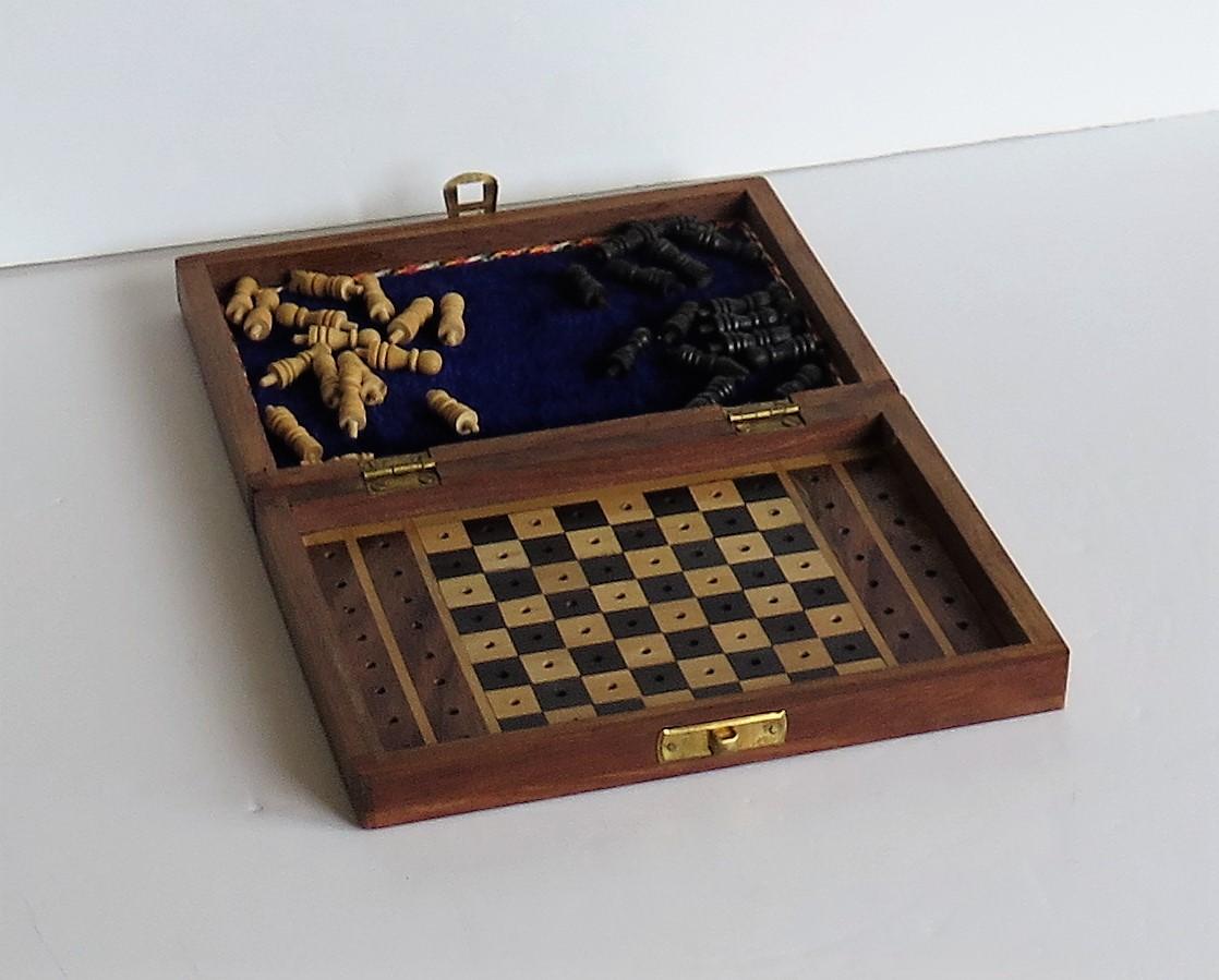 Hand-Crafted Handmade Miniature Travelling Chess Set Game walnut Inlaid box, circa 1920