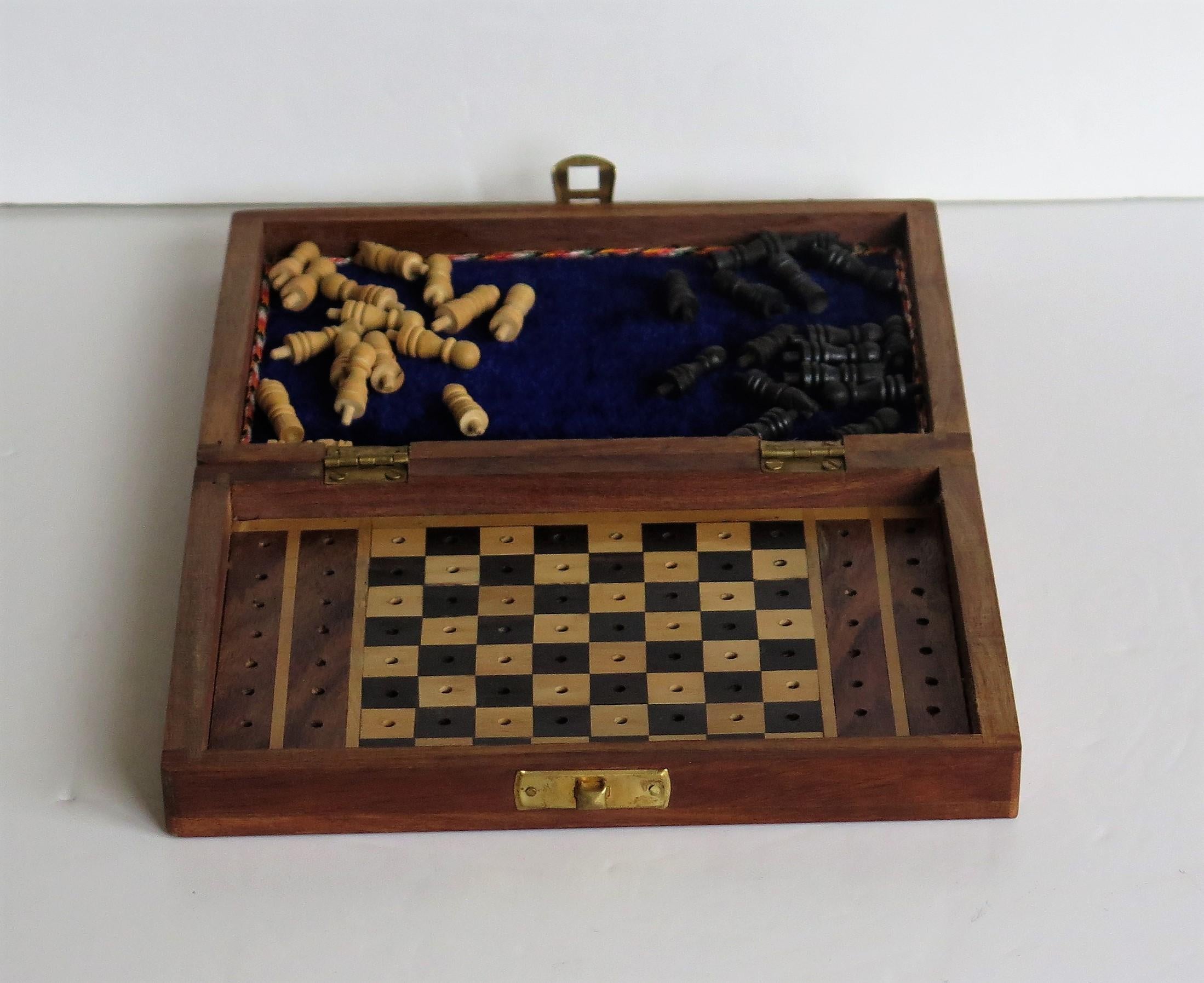 Handmade Miniature Travelling Chess Set Game walnut Inlaid box, circa 1920 In Good Condition In Lincoln, Lincolnshire