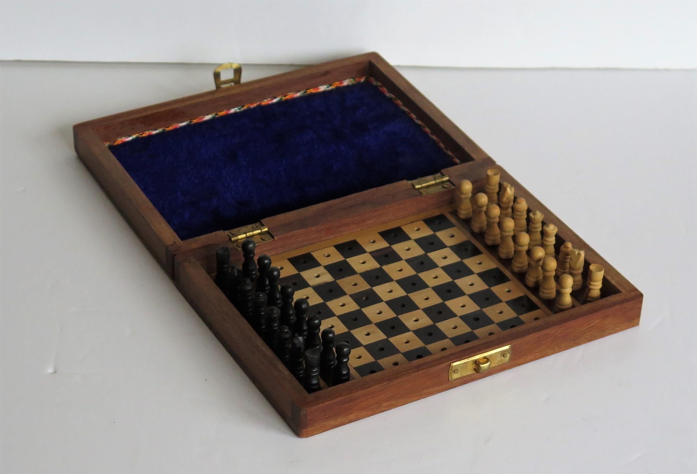 20th Century Handmade Miniature Travelling Chess Set Game walnut Inlaid box, circa 1920
