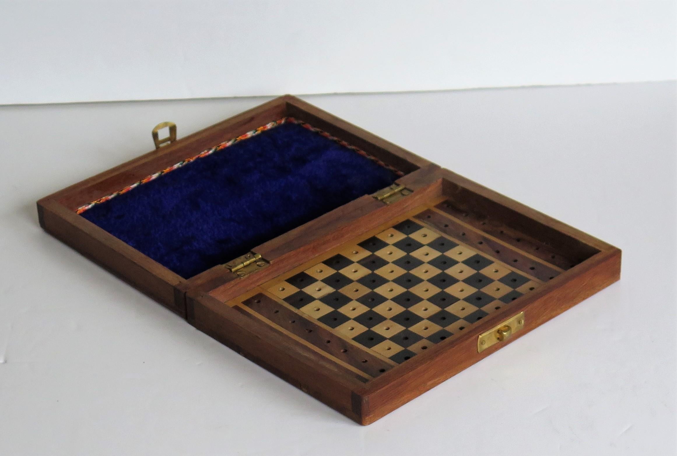 Wood Handmade Miniature Travelling Chess Set Game walnut Inlaid box, circa 1920