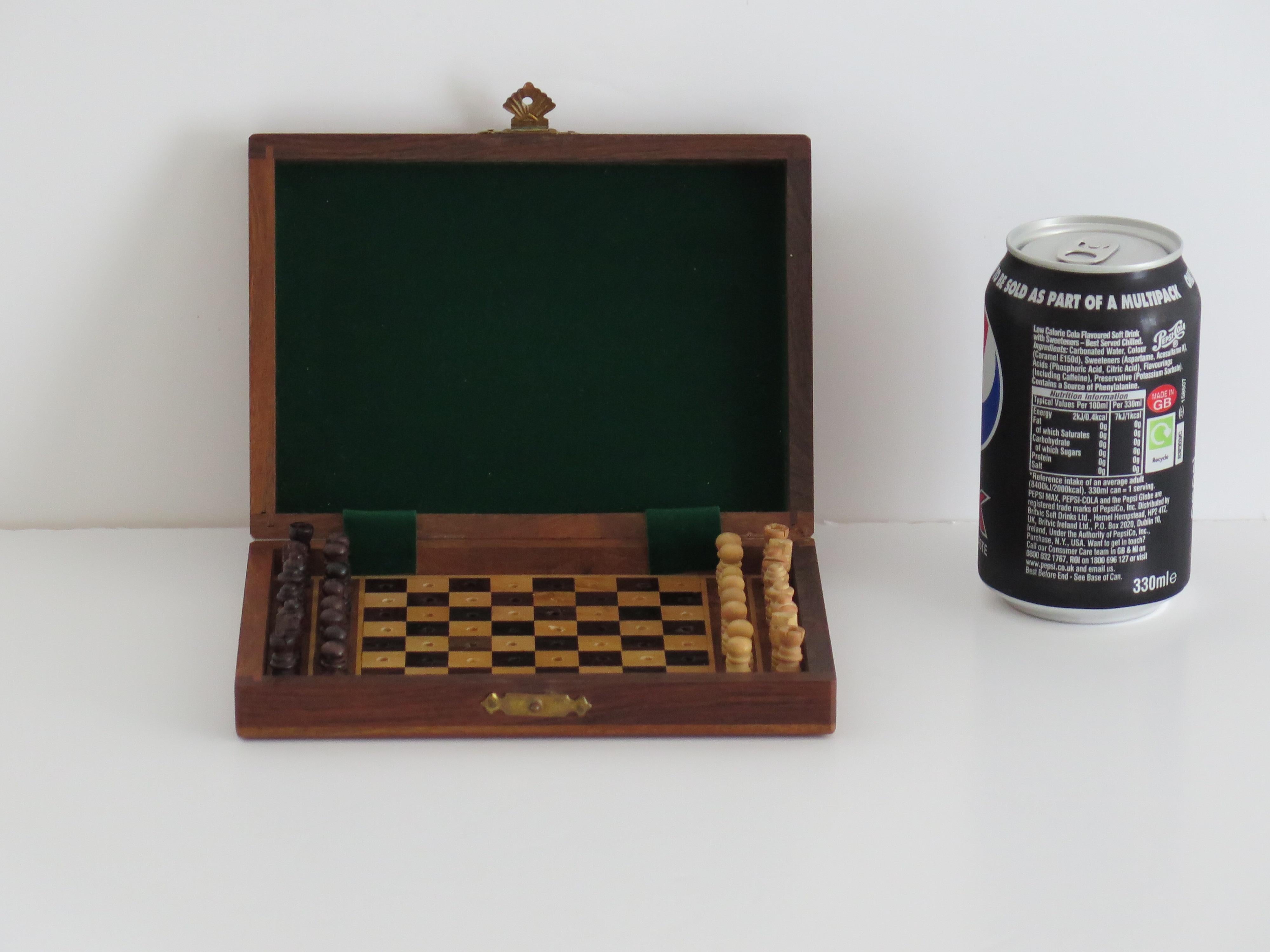 Handmade Miniature Travelling Chess Set Game walnut Inlaid box, circa 1920 For Sale 2