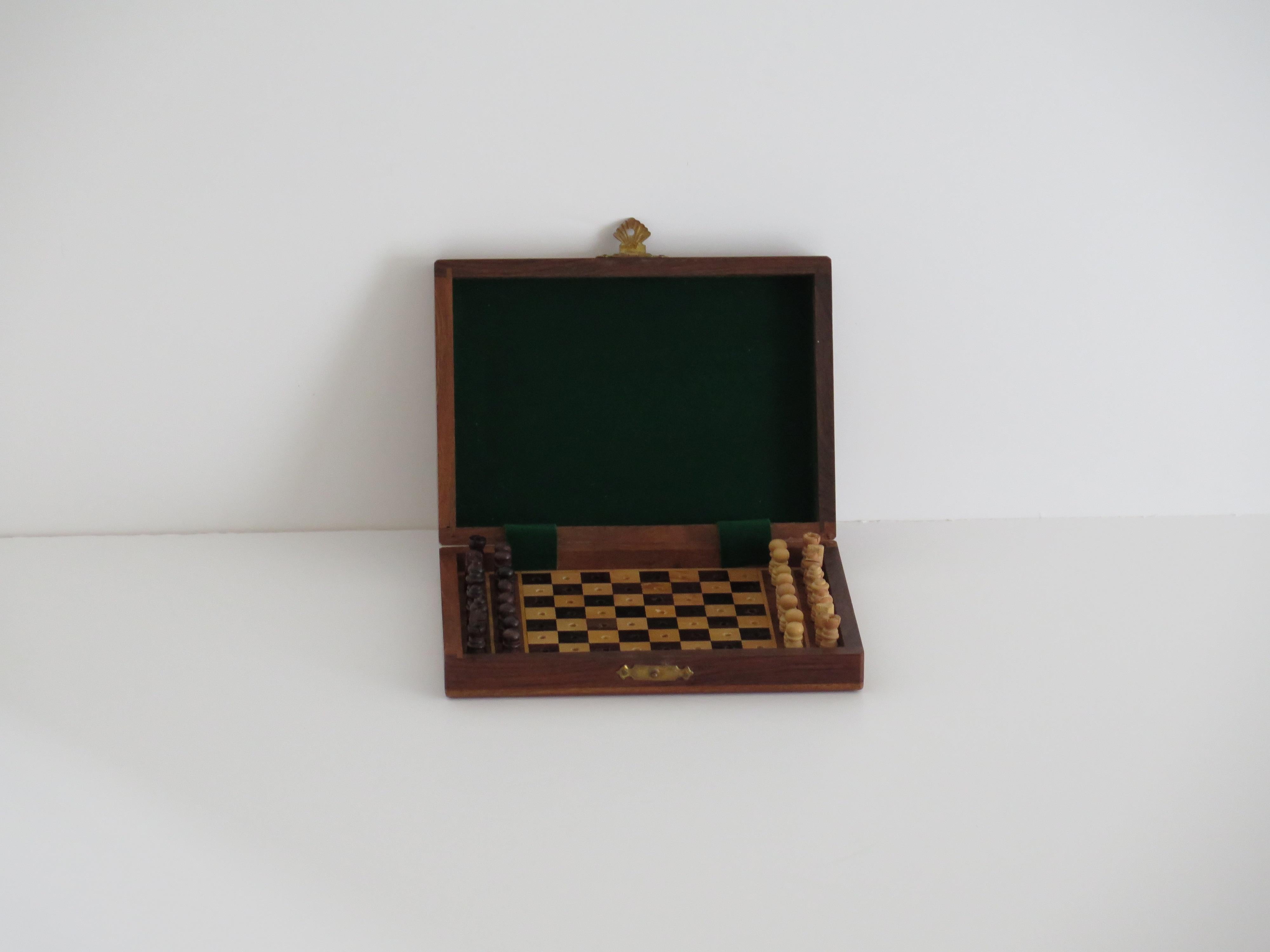 British Handmade Miniature Travelling Chess Set Game walnut Inlaid box, circa 1920 For Sale