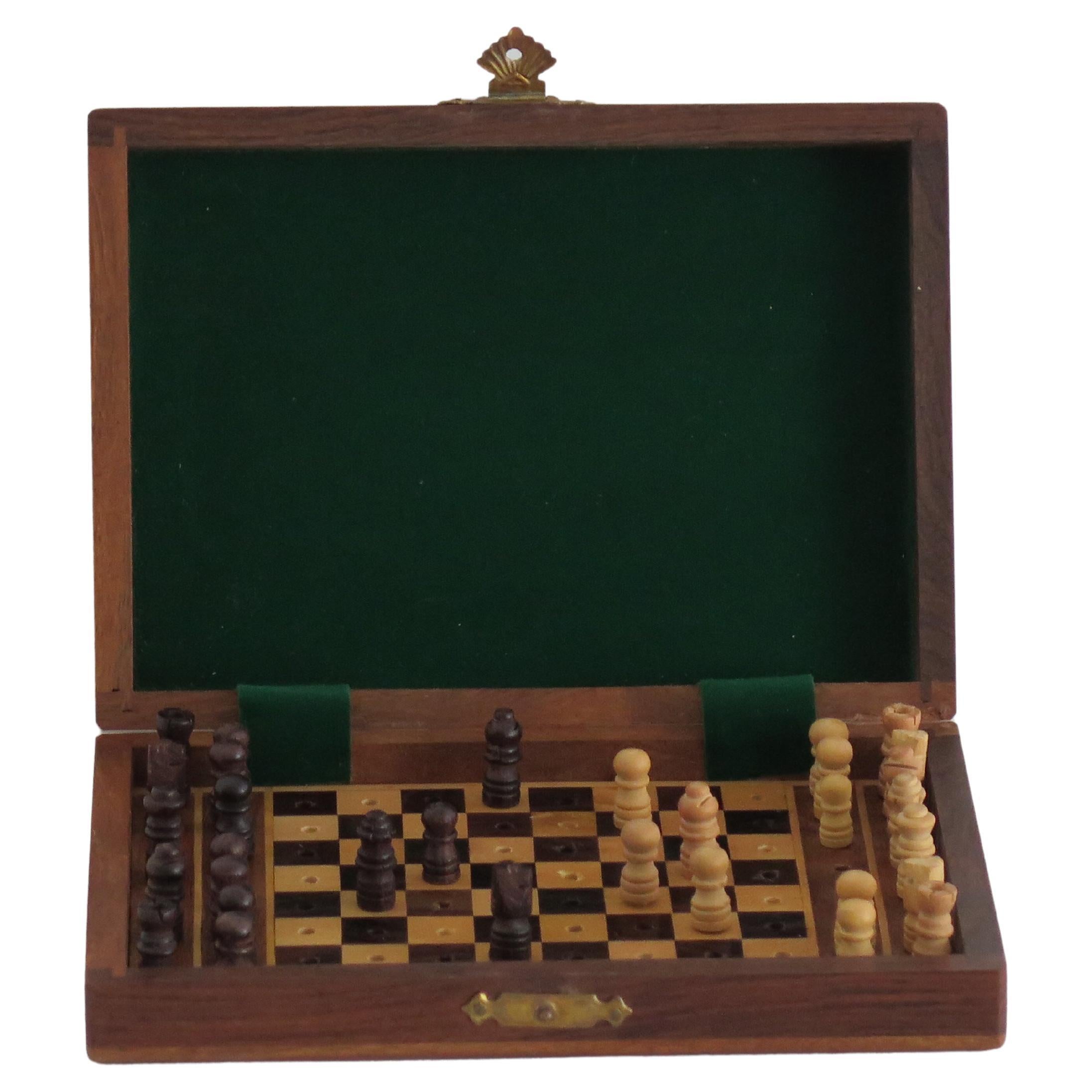 Handmade Miniature Travelling Chess Set Game walnut Inlaid box, circa 1920 For Sale