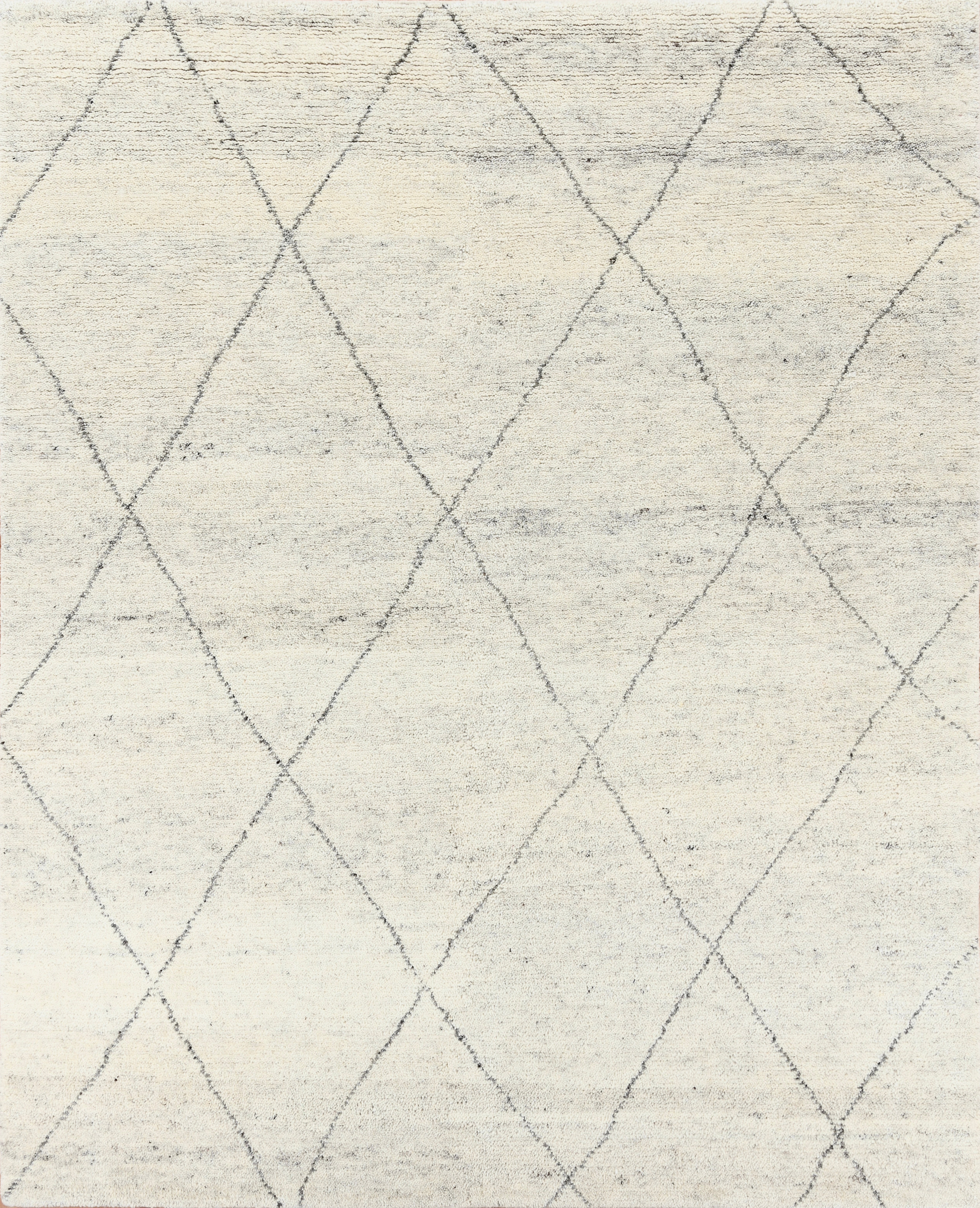 Handmade Minimalist Diamond Pattern Wool Rug in Natural Beige and Soft Grey For Sale