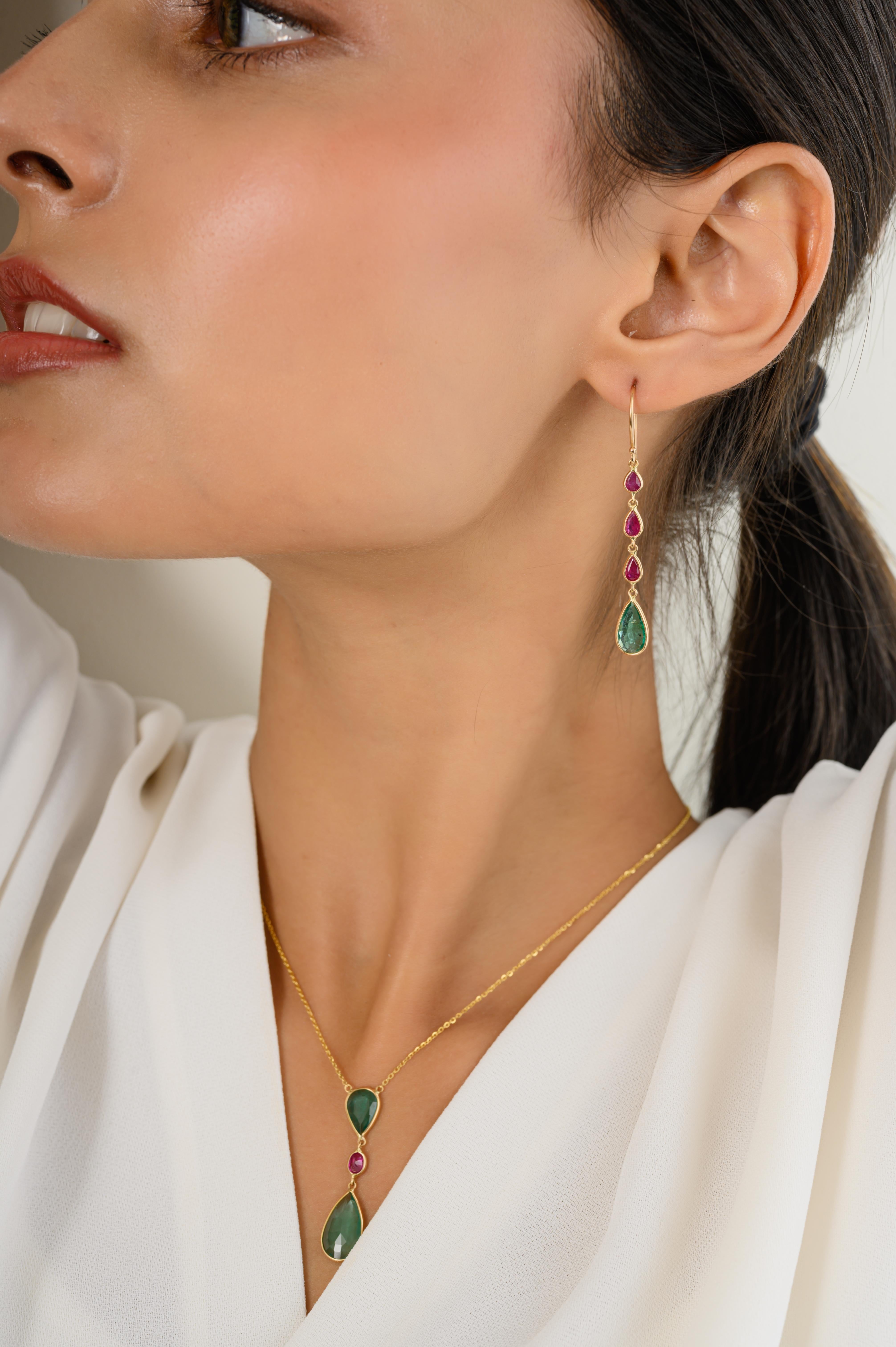 Handmade Minimalist Emerald Ruby Drop Chain Necklace in 18k Solid Yellow Gold For Sale 4