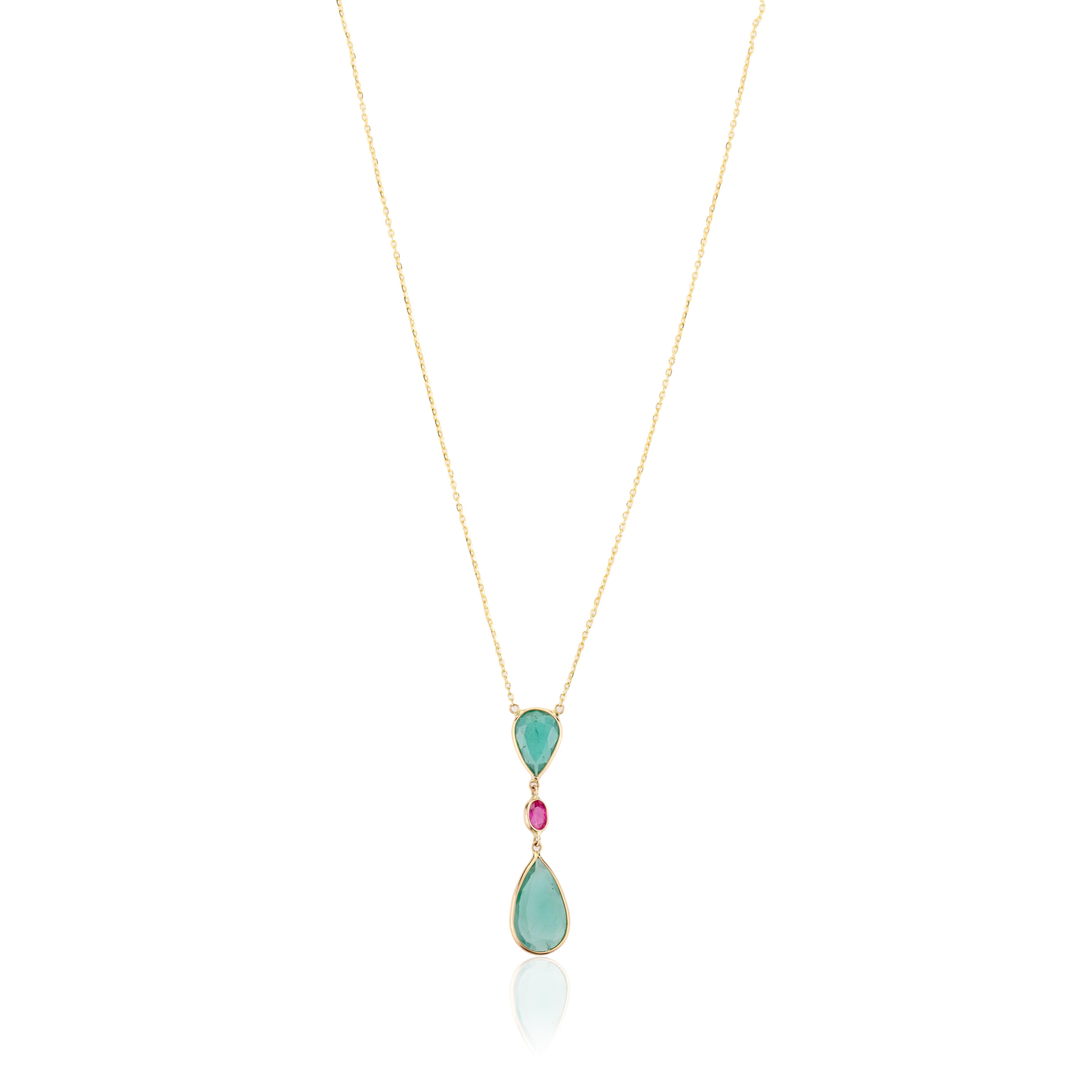 Modernist Handmade Minimalist Emerald Ruby Drop Chain Necklace in 18k Solid Yellow Gold For Sale
