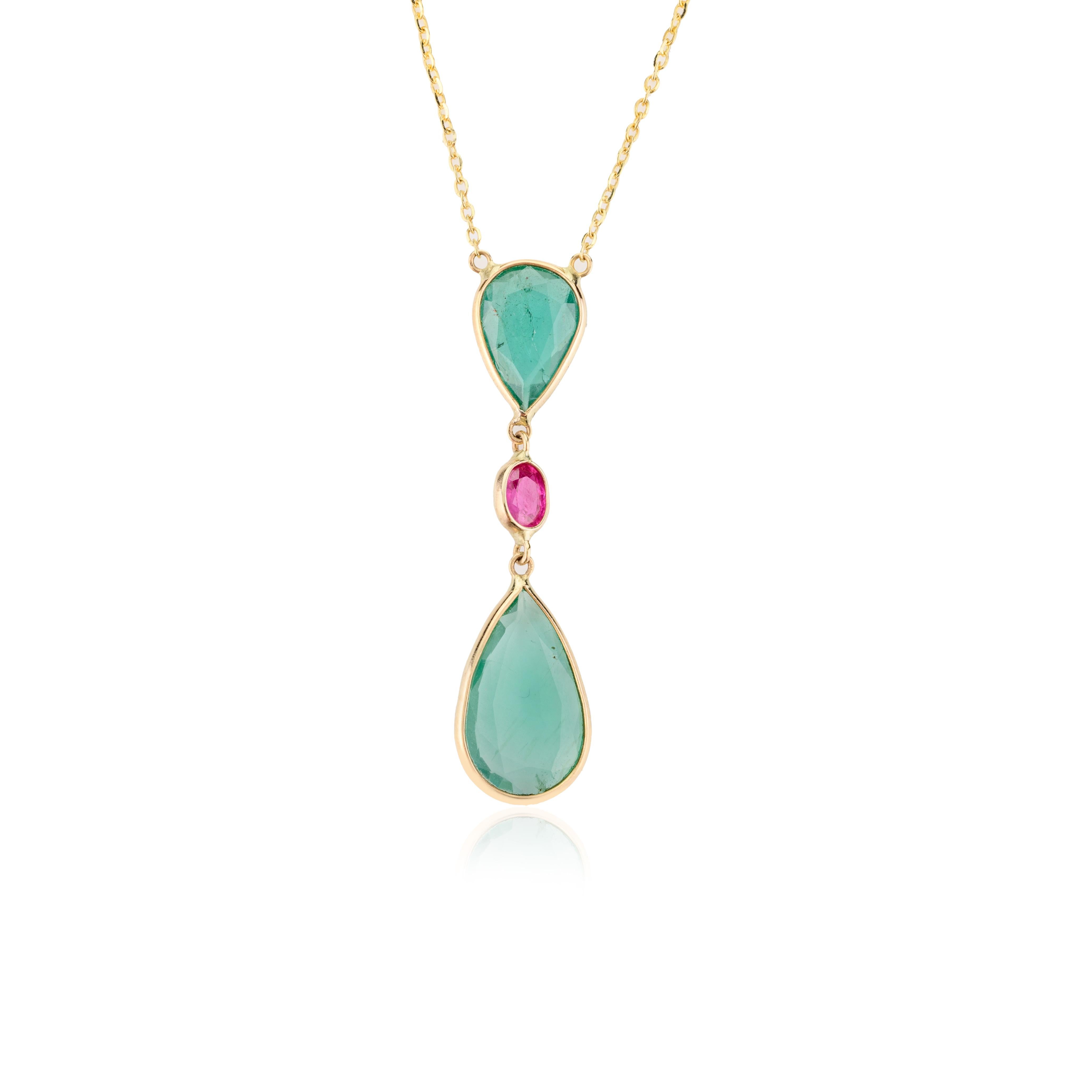 Handmade Minimalist Emerald Ruby Drop Chain Necklace in 18k Solid Yellow Gold In New Condition For Sale In New York, NY