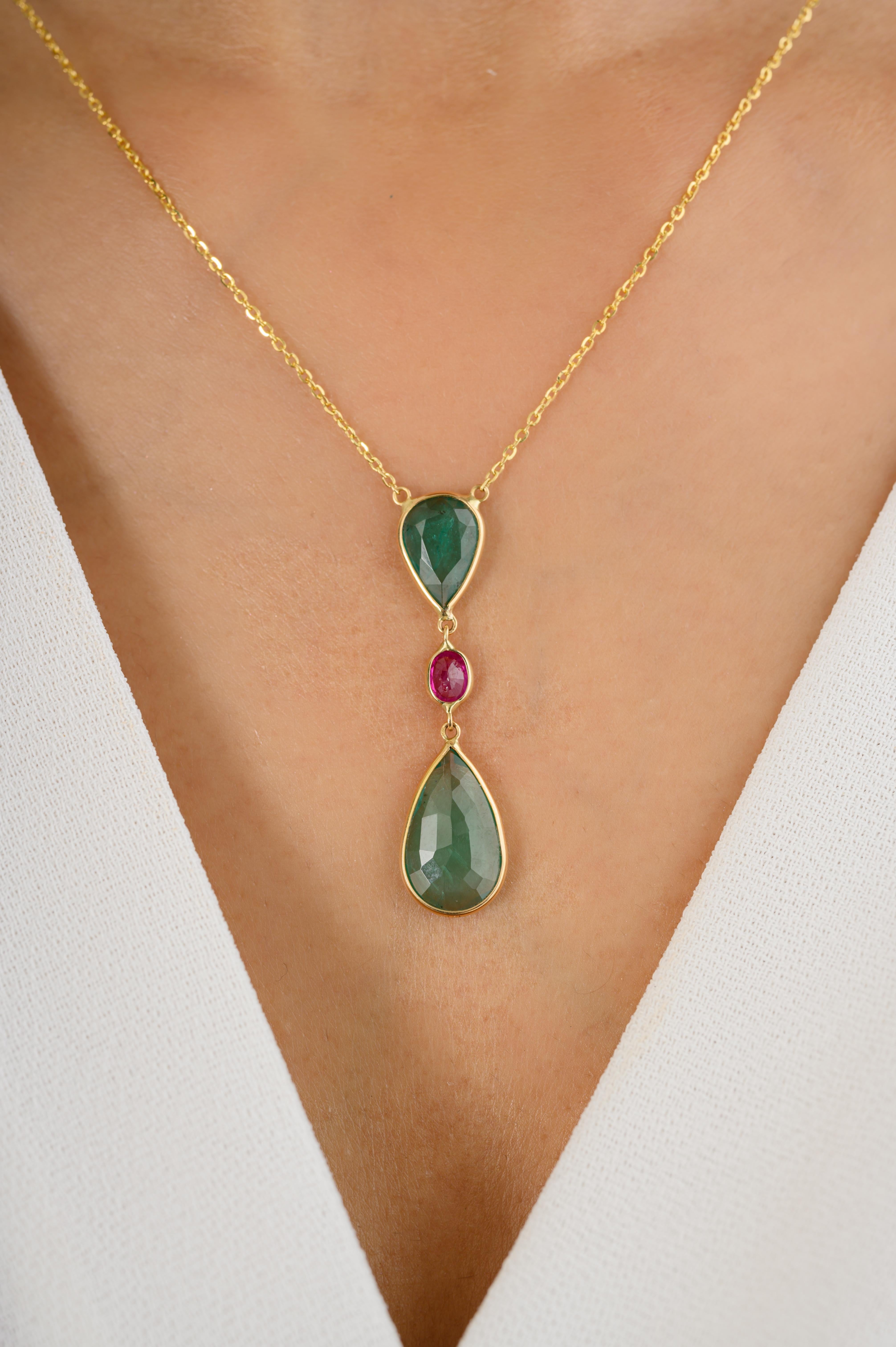 Women's Handmade Minimalist Emerald Ruby Drop Chain Necklace in 18k Solid Yellow Gold For Sale