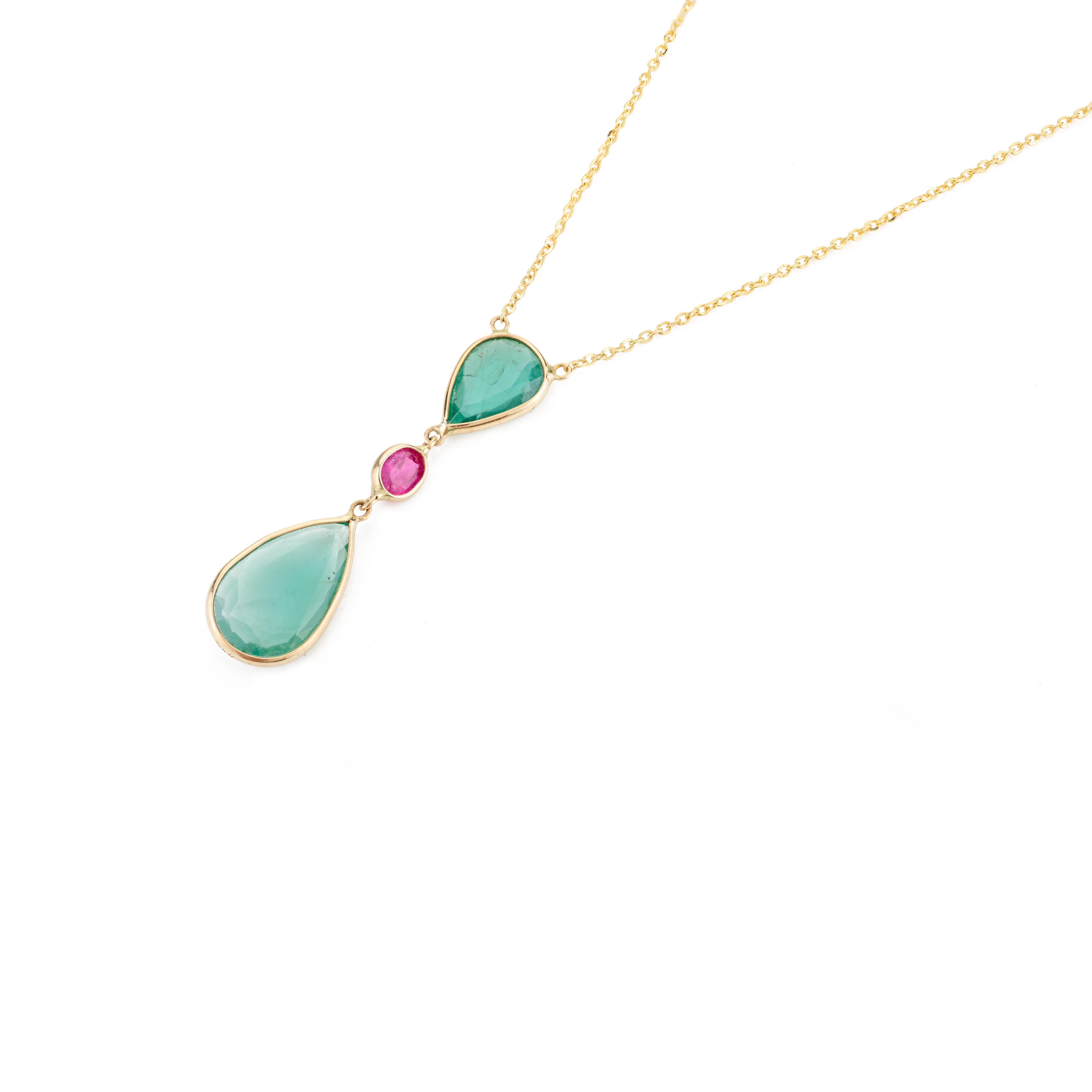 Handmade Minimalist Emerald Ruby Drop Chain Necklace in 18k Solid Yellow Gold For Sale 1