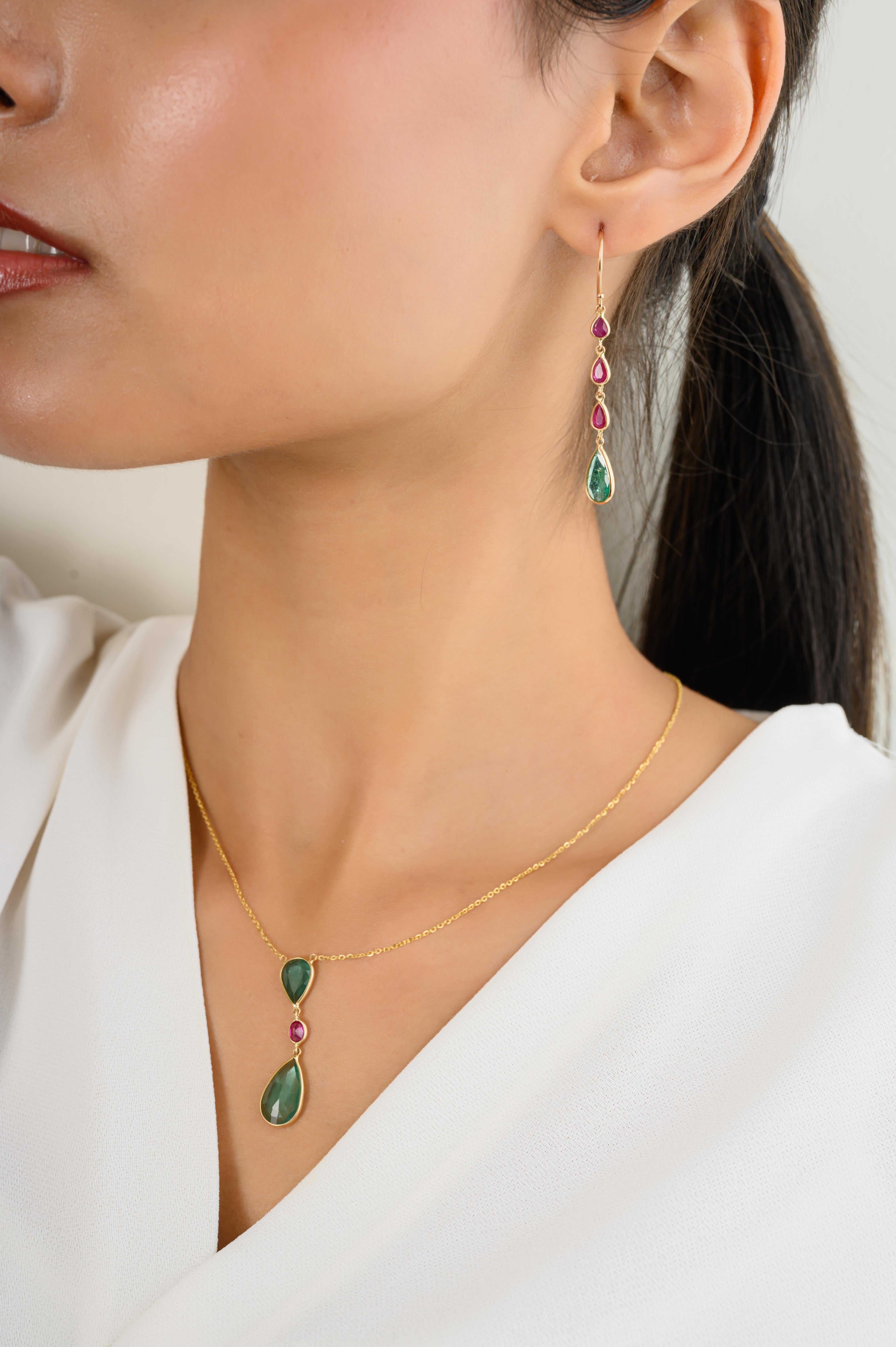 Handmade Minimalist Emerald Ruby Drop Chain Necklace in 18k Solid Yellow Gold For Sale 2