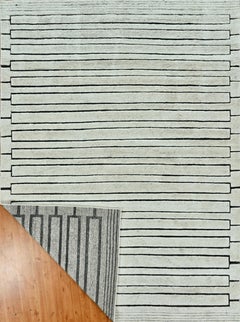 Handmade Minimalist Linear Wool Rug Natural Ivory Black Geometric Contemporary
