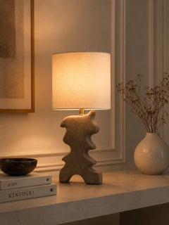 Handgefertigte, minimalistische Tischlampe aus Keramik mit Leinen-Lampenschirm von Maku Ceramic