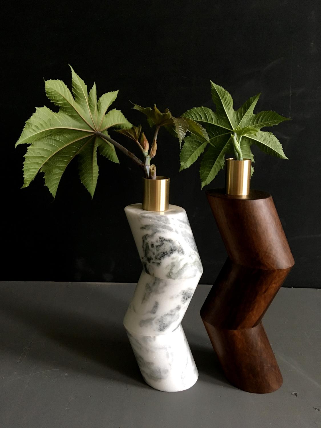 Brazilian Handmade Minimalist Rare Wood Vase with Brass Details, by Gustavo Dias For Sale