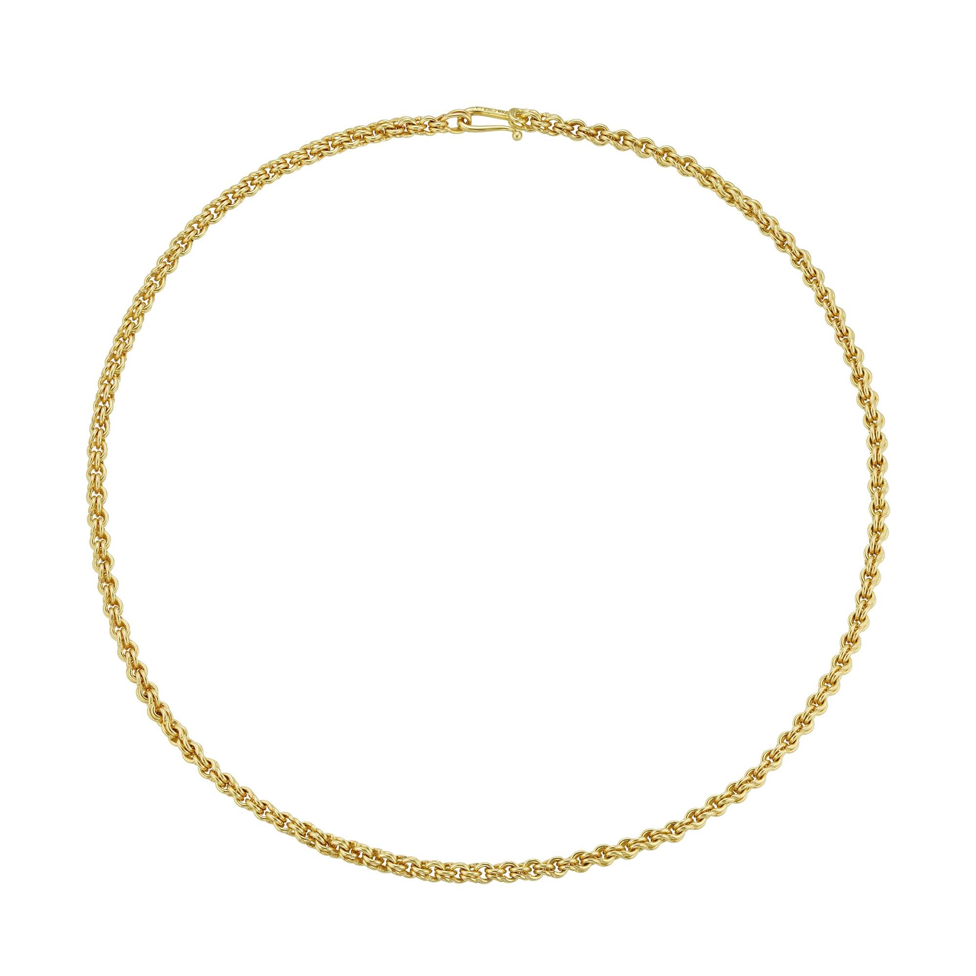 A handmade Minstrel gold necklace by Lucie Heskett-Brem the Gold Weaver of Lucerne, hallmarked 18ct gold, measuring approximately 45 x 0.4cm, gross weight 34.4 grams.

Should you choose to make this purchase we would be delighted to send it to you