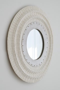 Handmade 24" Ceramic & Woven Fiber Mirror #602 - White Glaze & White Cotton