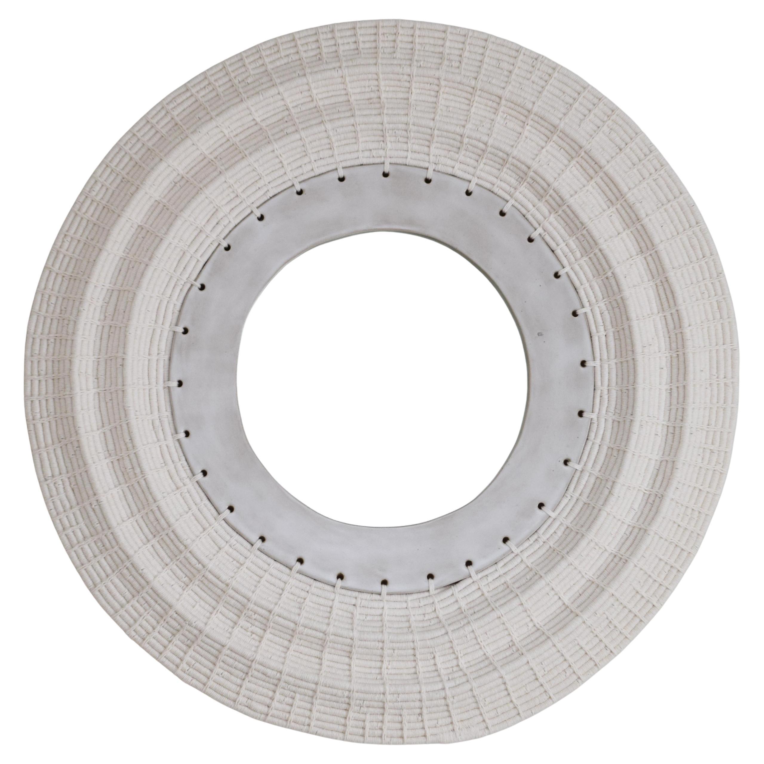 Handmade 24" Ceramic & Woven Fiber Mirror #602 - White Glaze & White Cotton For Sale