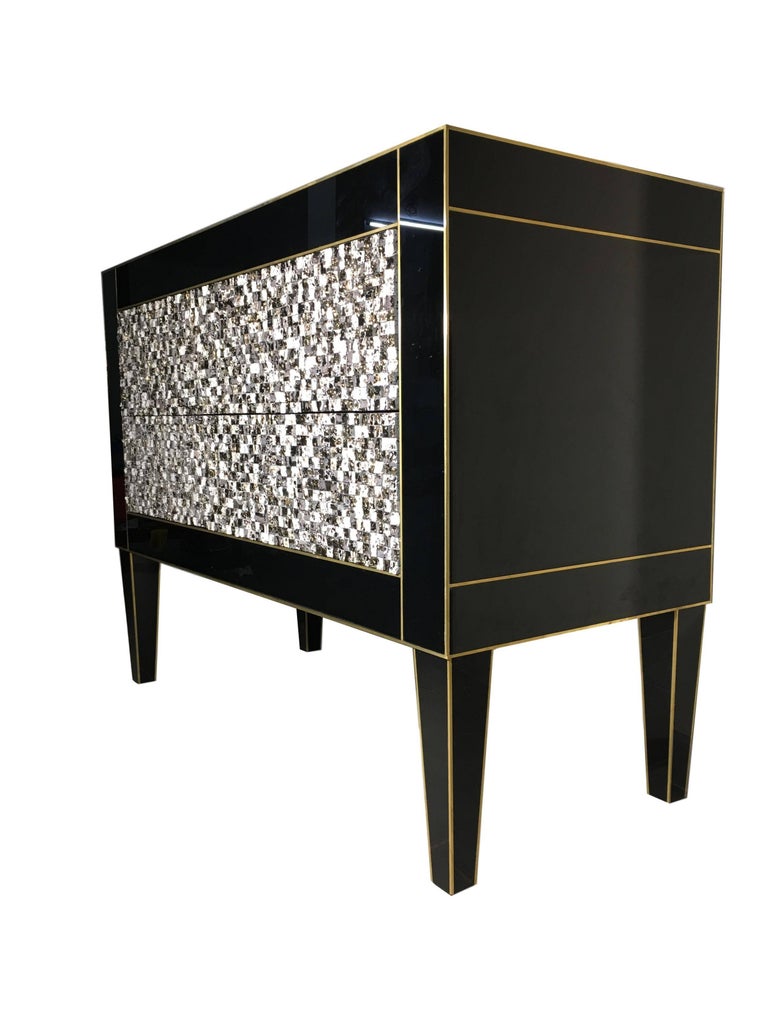 Handmade Mirrored Commode or Chest of Drawers, Volcanic Rock and Brass