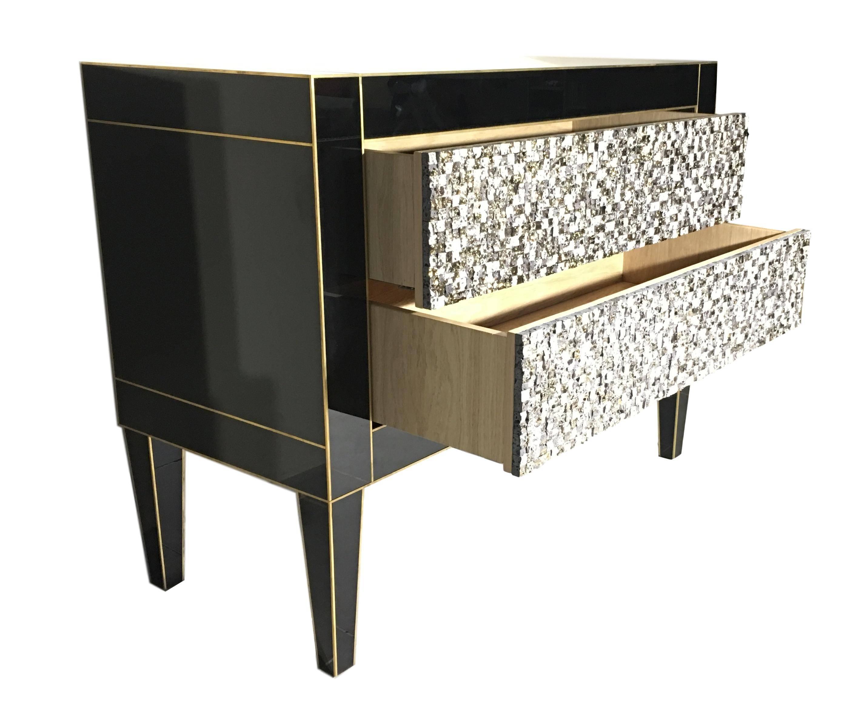 Modern Handmade Mirrored Commode or Chest of Drawers, Volcanic Rock and Brass Inlay