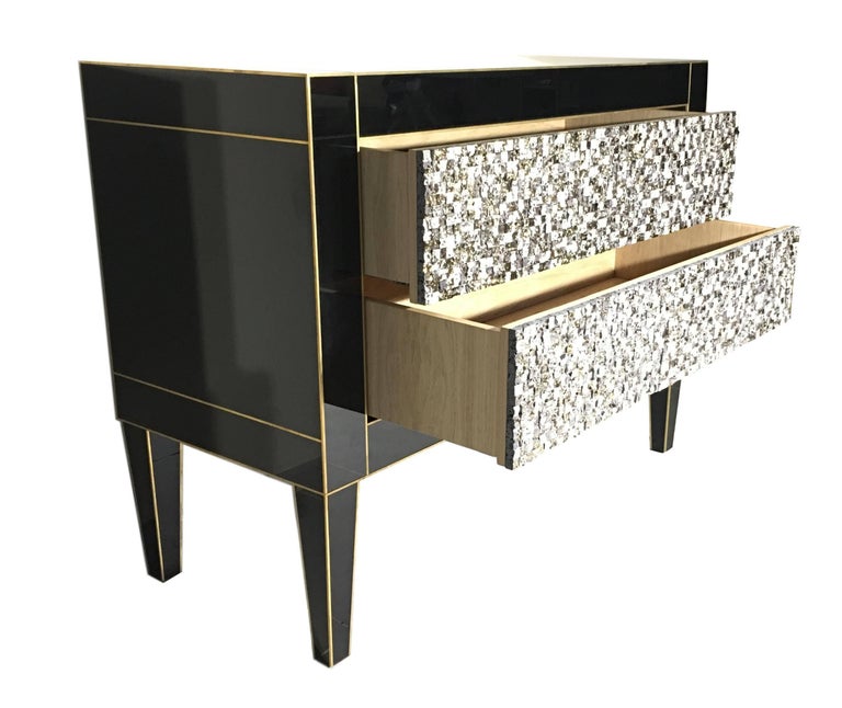 Handmade Mirrored Commode or Chest of Drawers, Volcanic Rock and Brass