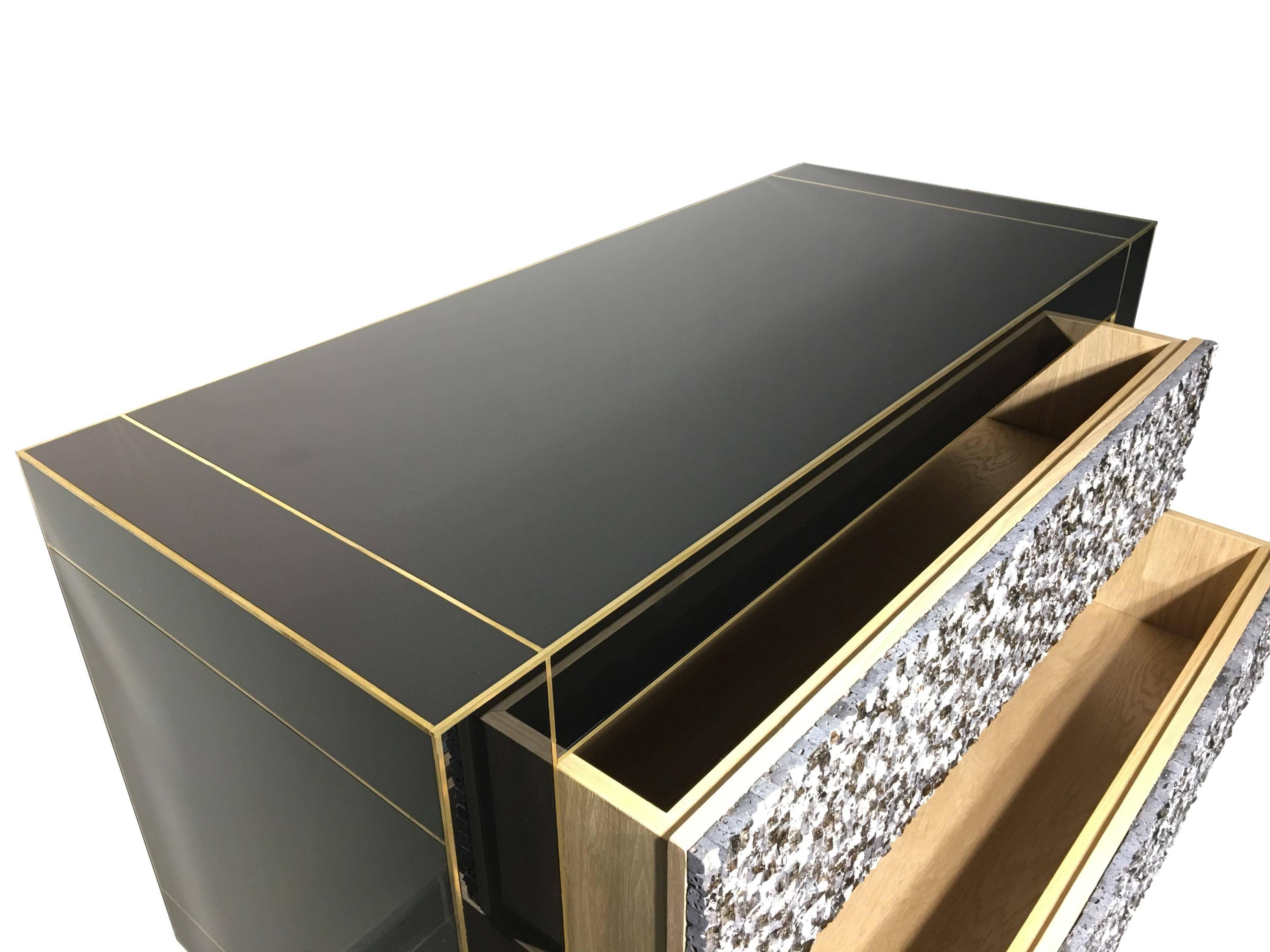Contemporary Handmade Mirrored Commode or Chest of Drawers, Volcanic Rock and Brass Inlay