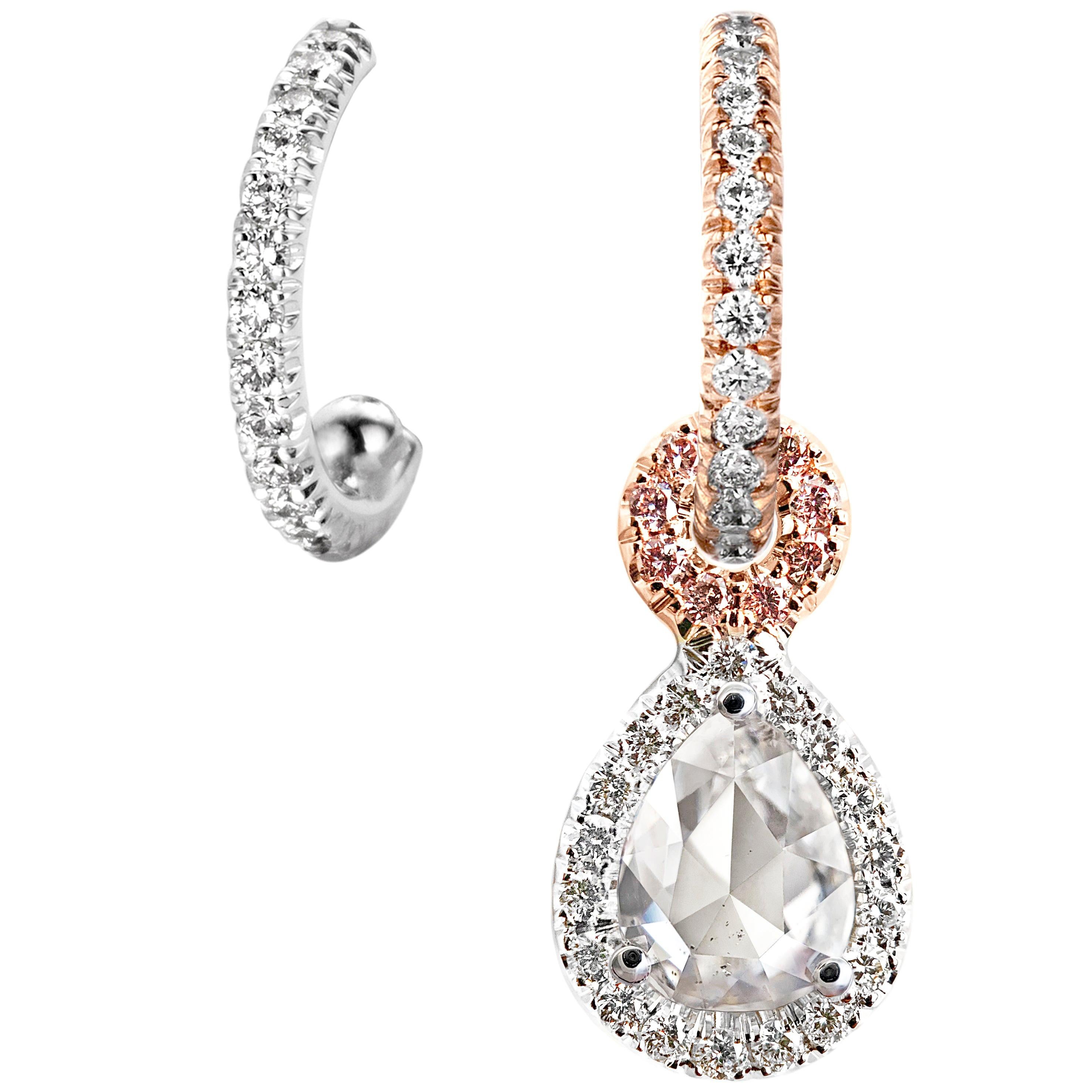 Handmade Mismatched 0.90ct Rose-Cut Diamond Pink White Diamond Charm Earrings
