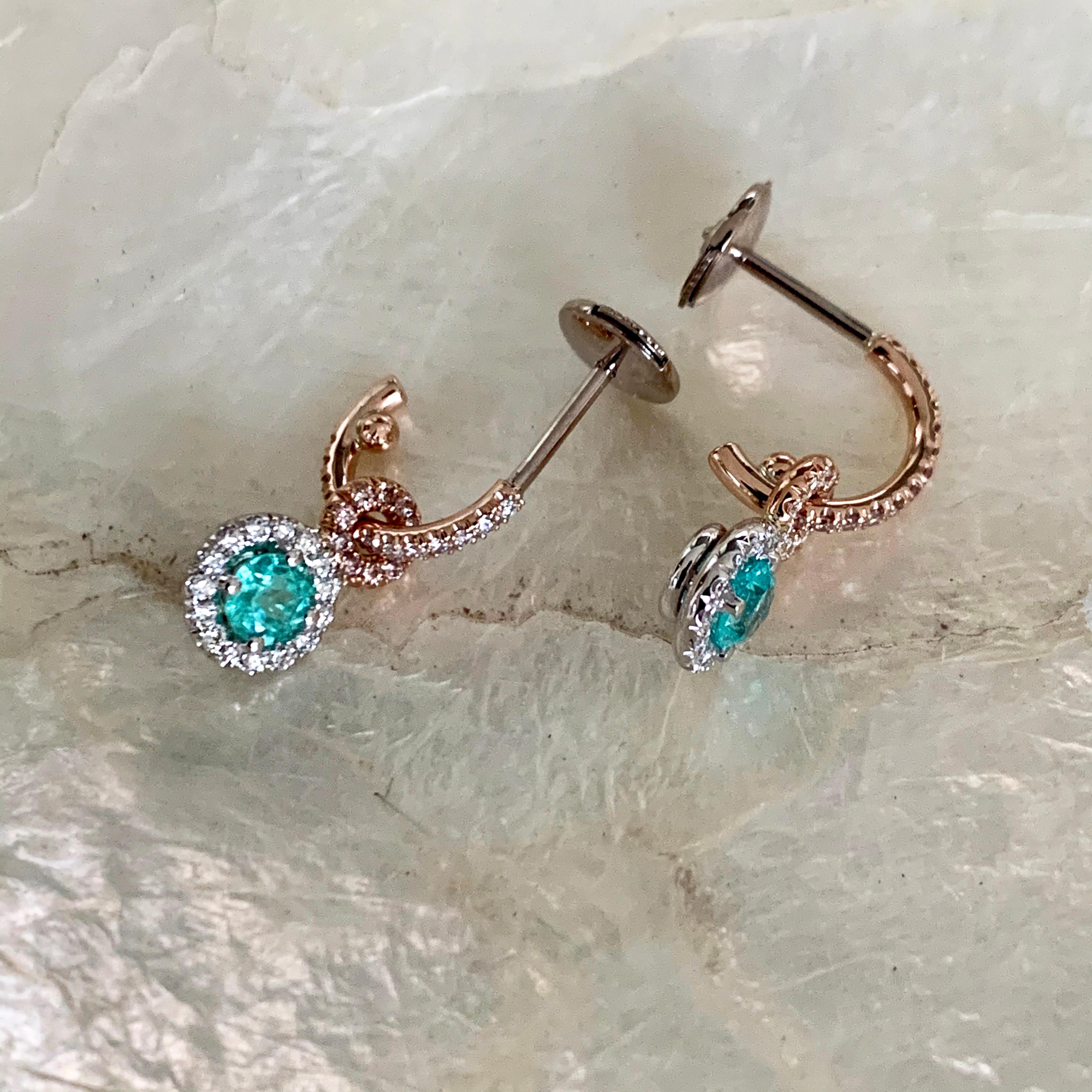 Contemporary Handmade Mismatched Paraiba Tourmaline Pink White Diamond Charm Earrings