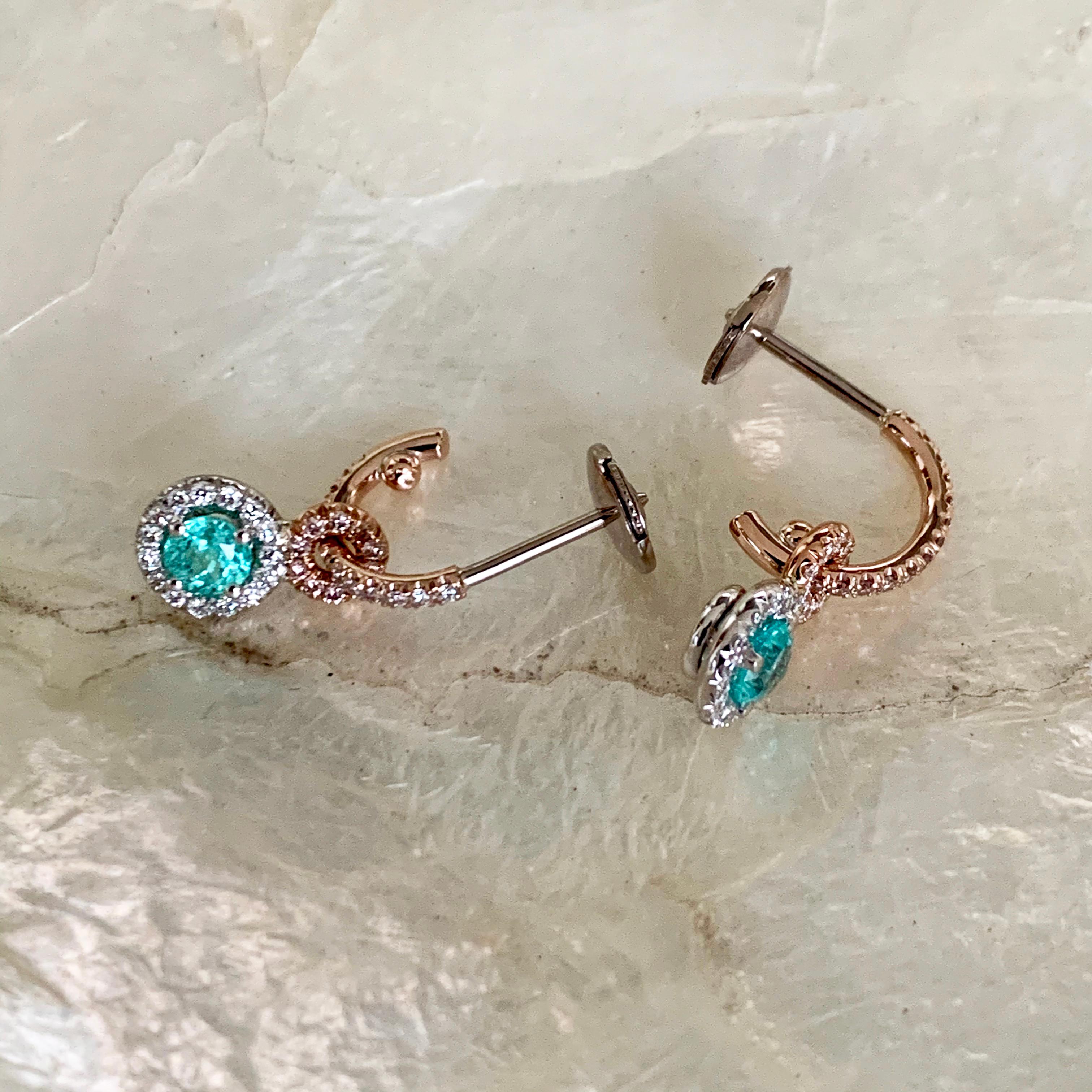 Handmade Mismatched Paraiba Tourmaline Pink White Diamond Charm Earrings In New Condition In Antwerp, BE