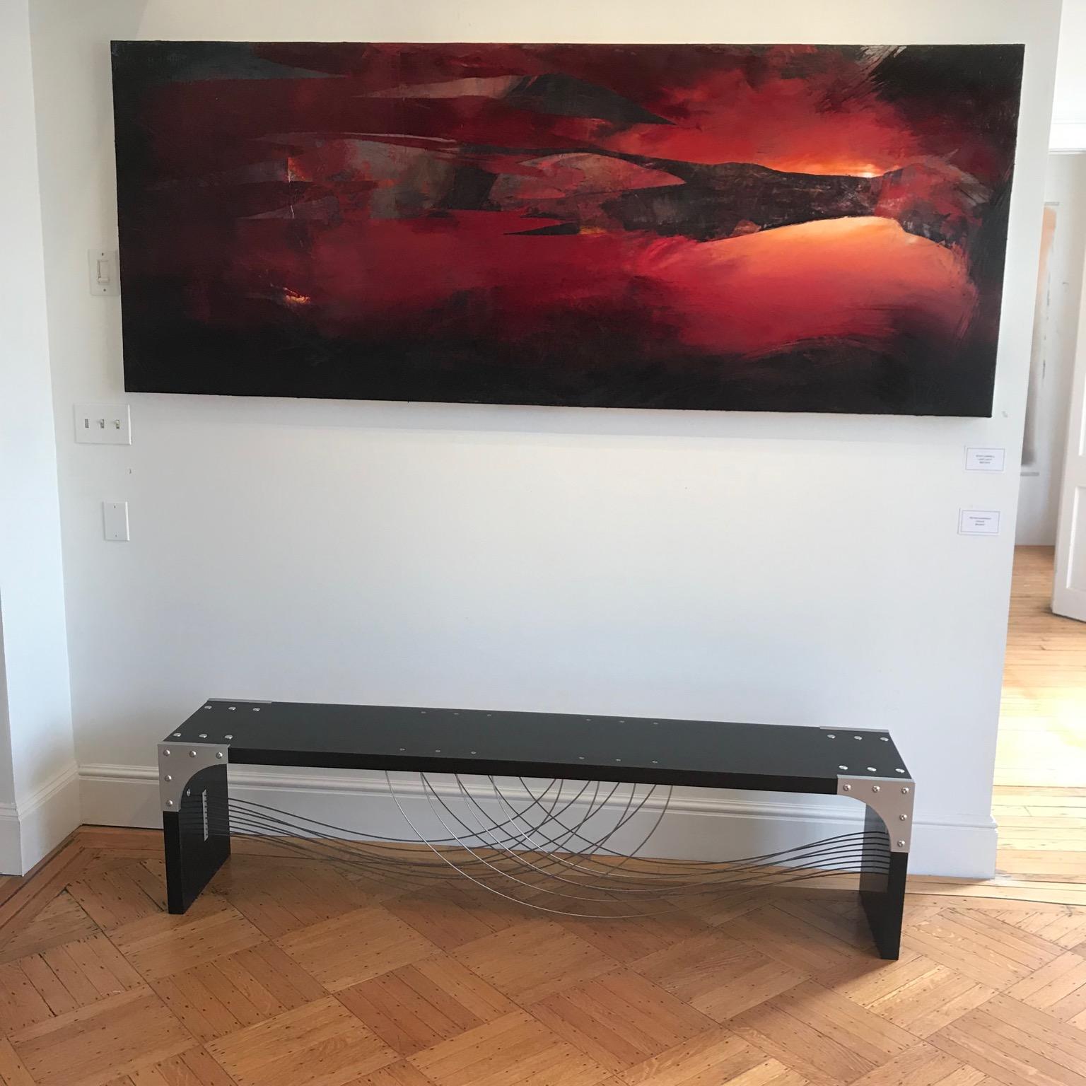 Handmade Modern Bench in Metal and Black Lacquered Wood, In Stock In New Condition In Middle Grove, NY