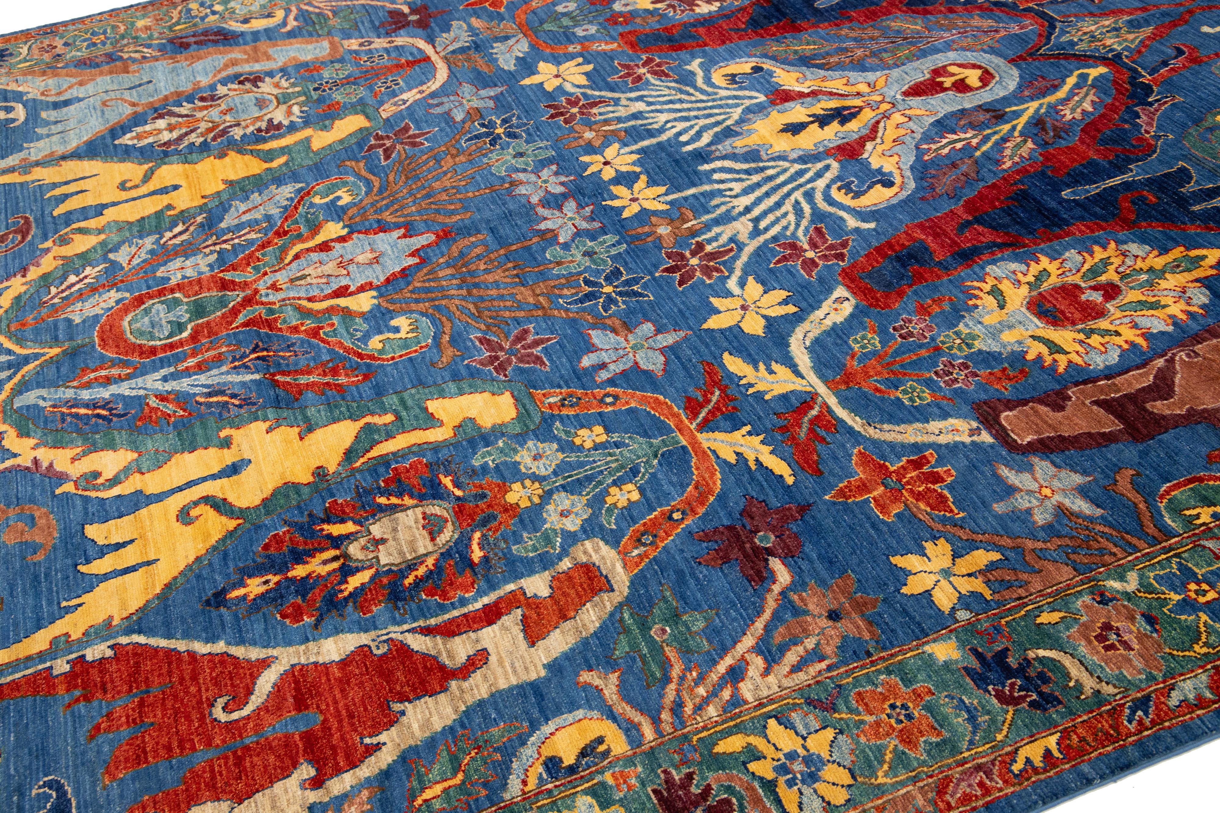 Afghan Tapis moderne en laine de style Bidjar en bleu avec motif sur toute la surface en vente