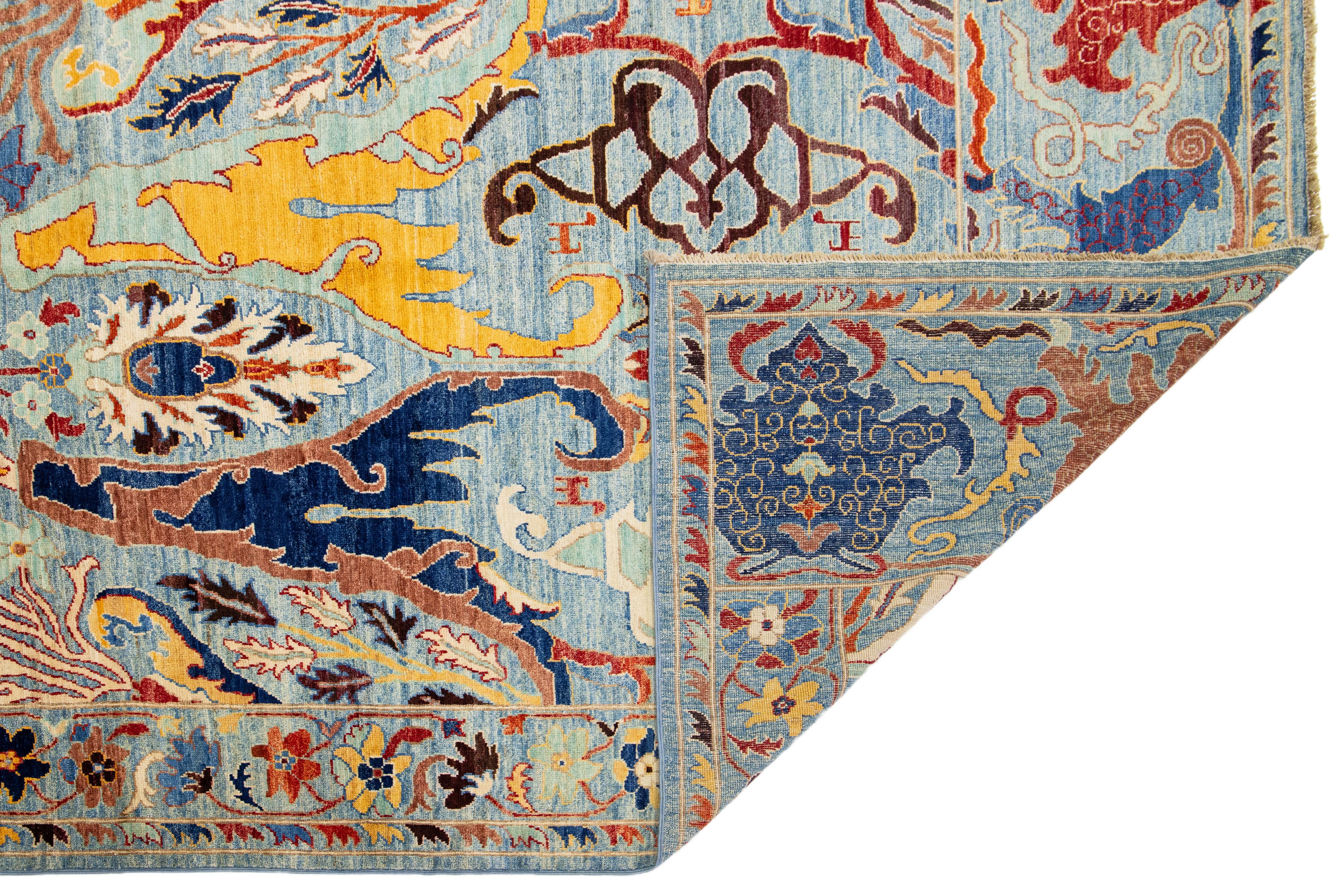 Afghano Tappeto di lana in stile Bidjar moderno, fatto a mano, di colore blu chiaro con design/One in vendita