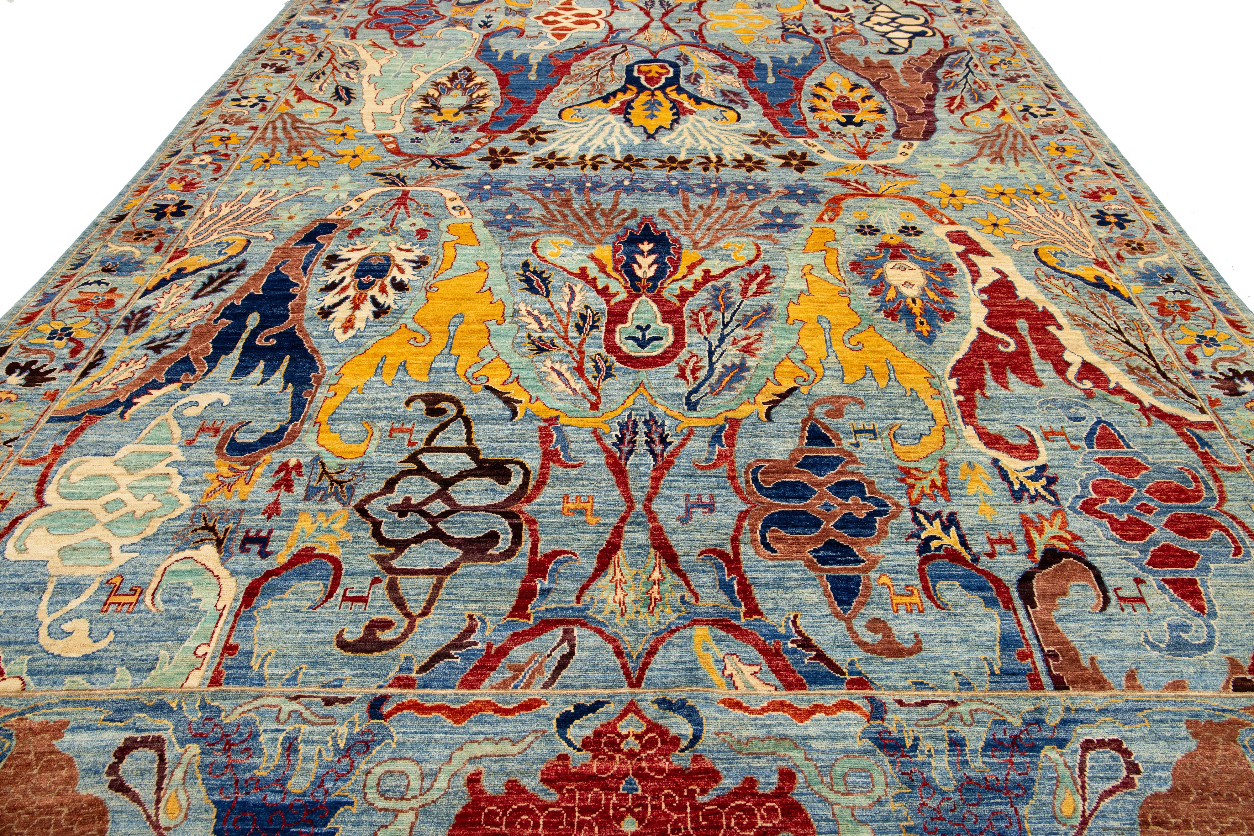 Tappeto di lana in stile Bidjar moderno, fatto a mano, di colore blu chiaro con design/One in vendita 1