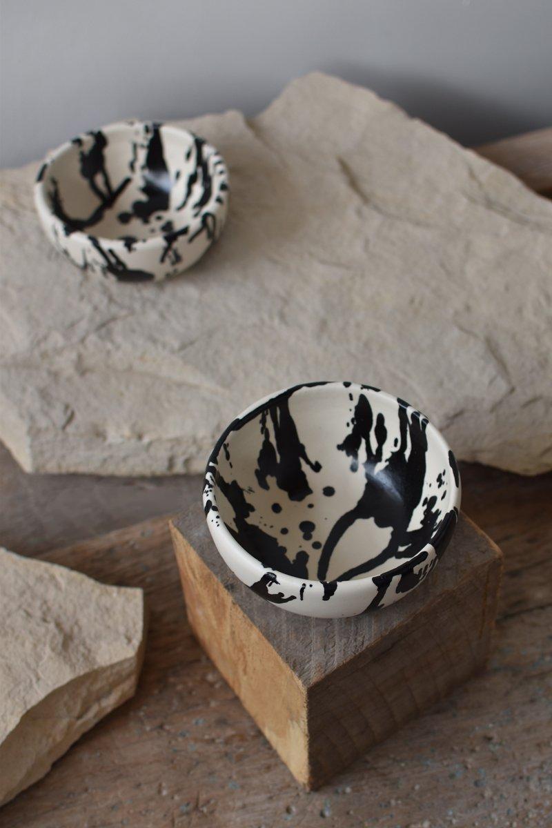 Modern Rock Handmade Pottery Cereal/Soup Bowls - Set of 2 - Black & White Splatterware For Sale