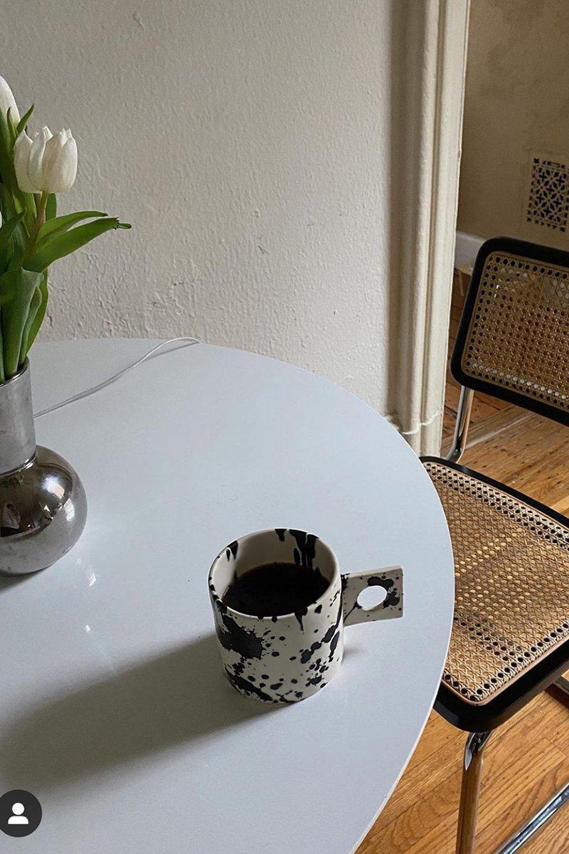 Modern Rock Handmade Ceramic Coffee Mugs - Set of 2 - Black & White Splatterware For Sale