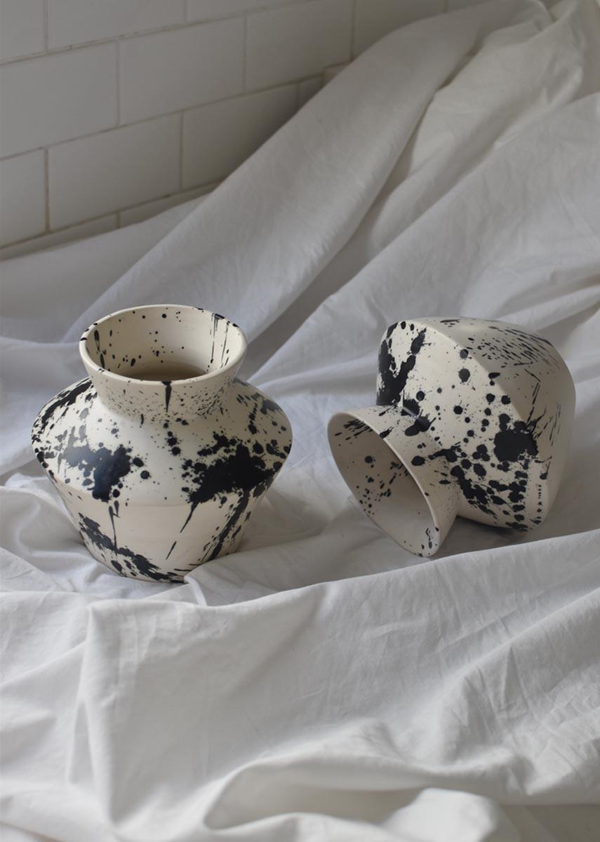 Modern Handmade Rock Decorative Ceramic Vase I - Black & White For Sale