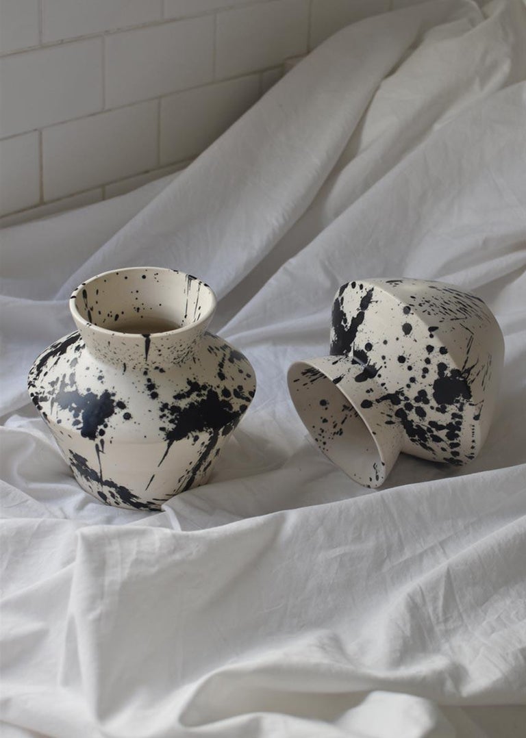 Argentine Handmade Modern Matte Black and White Splattered Ceramic Rock Vase For Sale