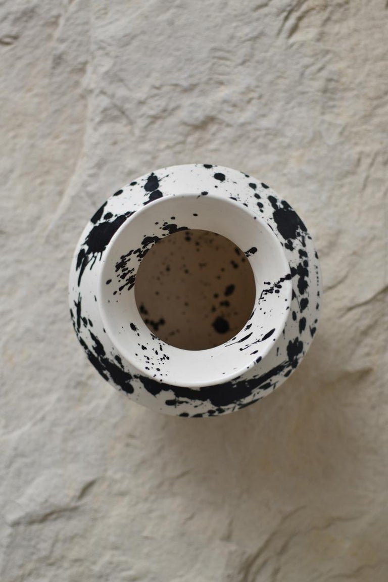 Glazed Handmade Modern Matte Black and White Splattered Ceramic Rock Vase For Sale