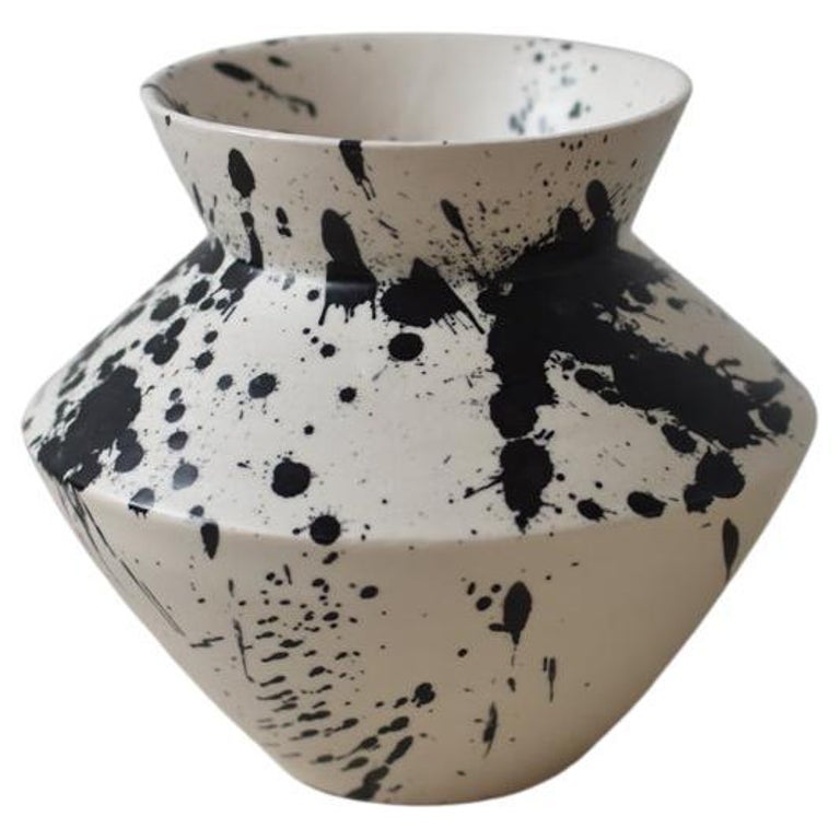 Handmade Modern Matte Black and White Splattered Ceramic Rock Vase For Sale