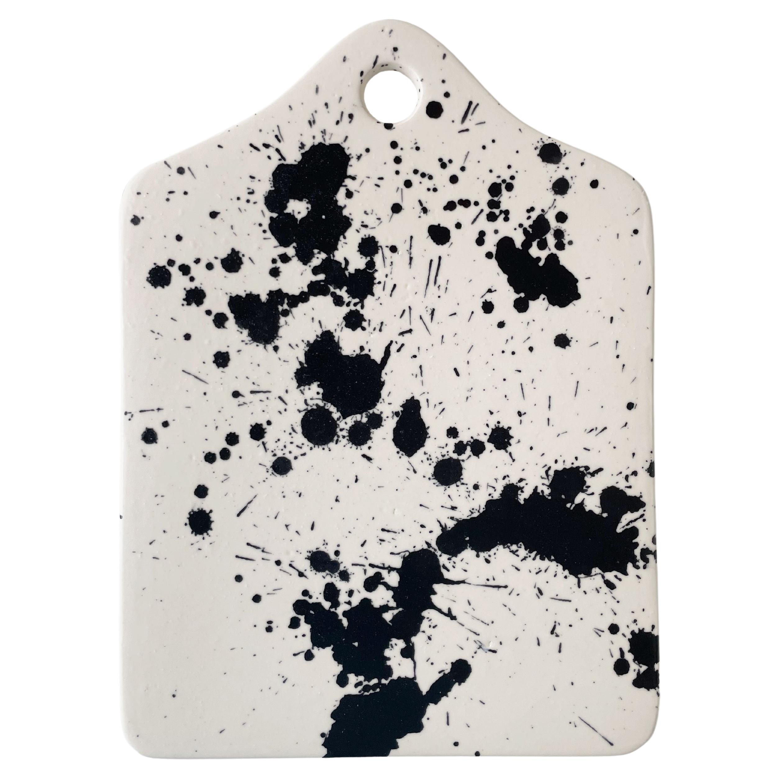 Handmade Modern Matte Black and White Splattered Rock Ceramic Cheese Board For Sale