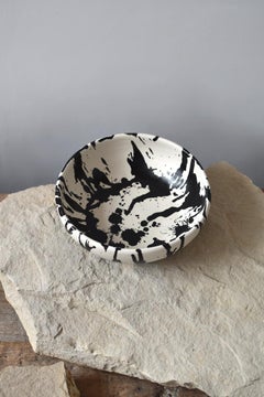 Handmade Rock Ceramic Salad Bowl - Black & White Splatterware