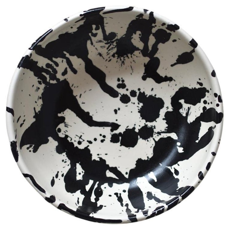 Handmade Modern Matte Black and White Splattered Rock Ceramic Serving Salad Bowl For Sale