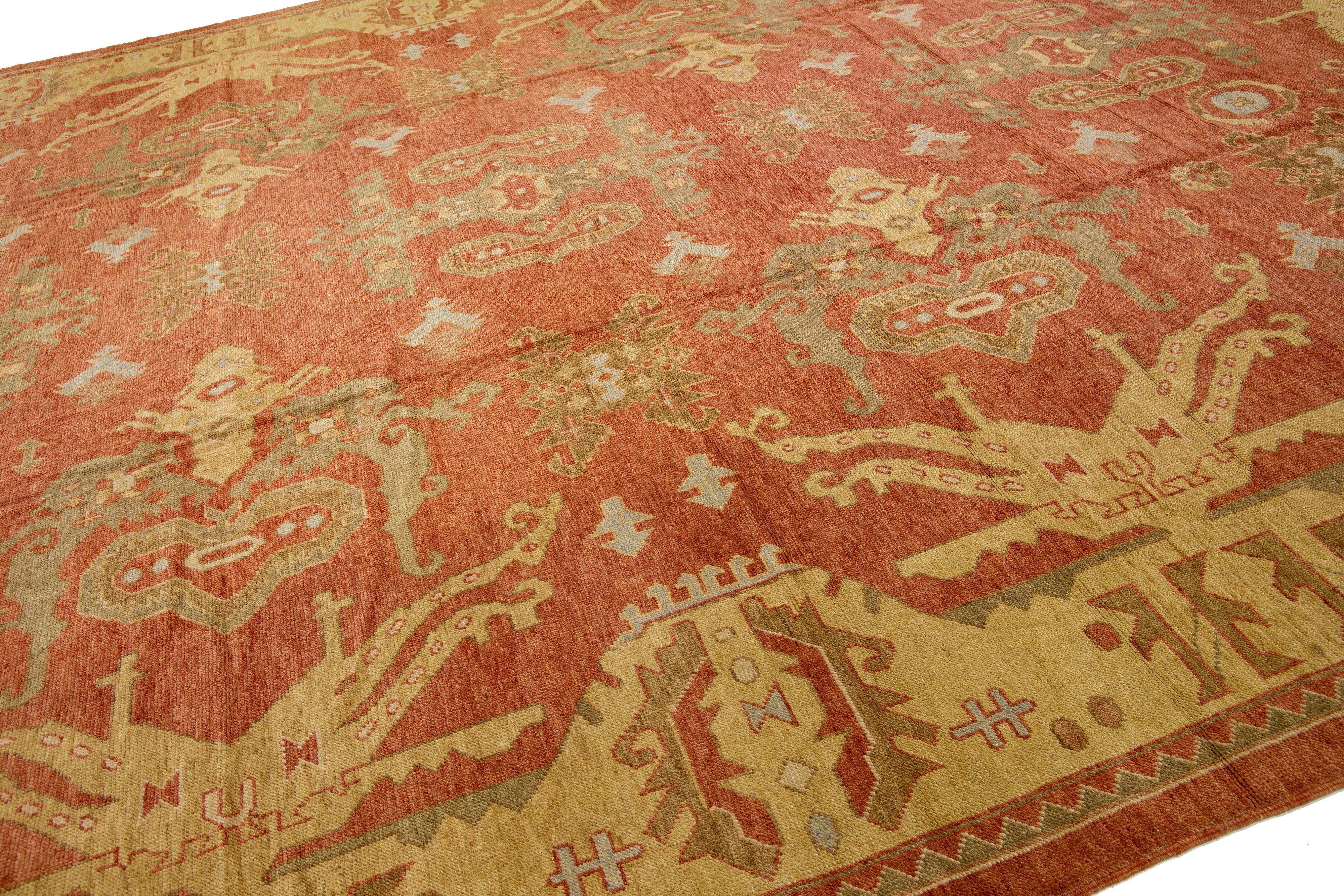 Handmade Modern Copper Turkish Oushak Wool Rug with Allover Motif In New Condition For Sale In Norwalk, CT