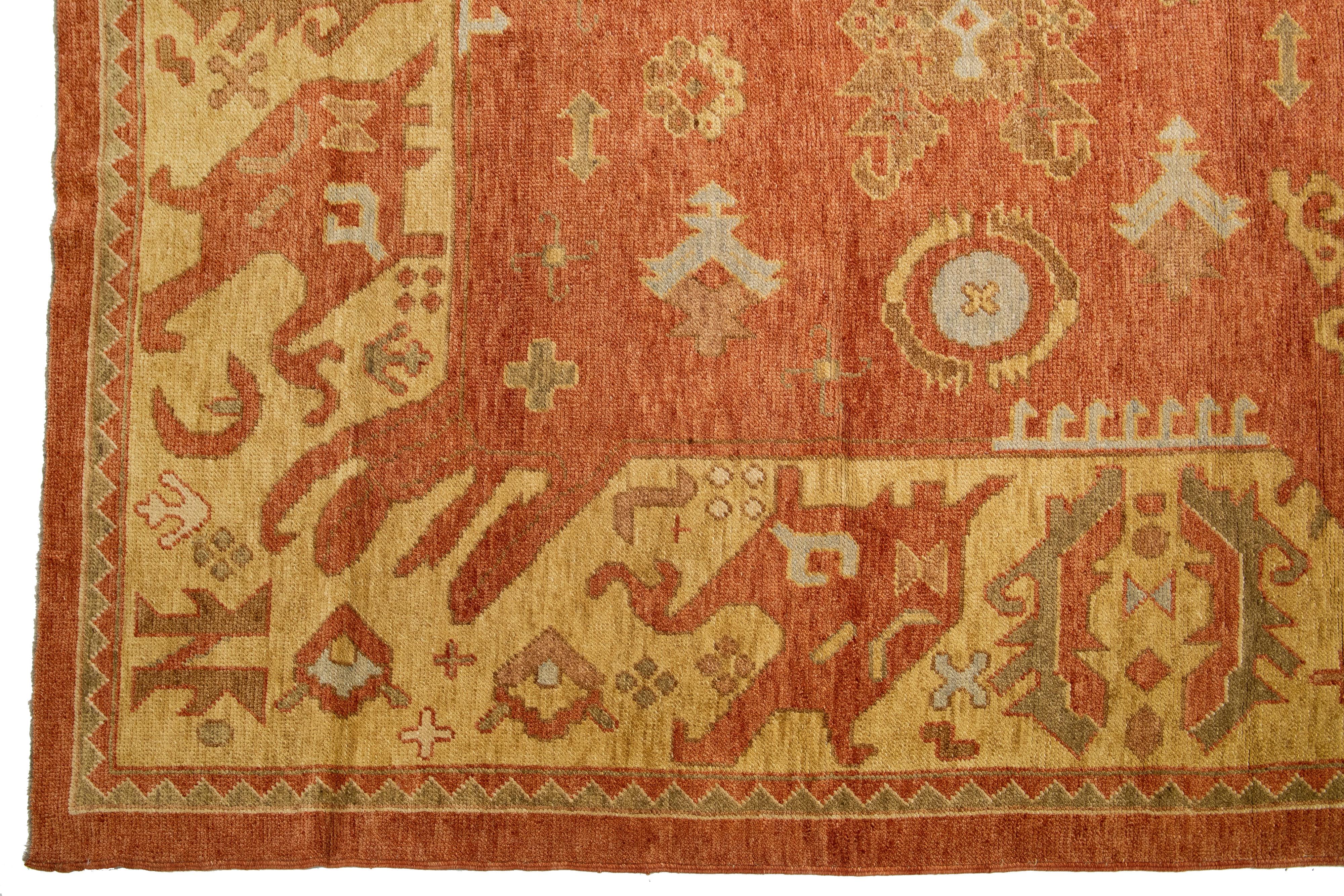 Contemporary Handmade Modern Copper Turkish Oushak Wool Rug with Allover Motif For Sale