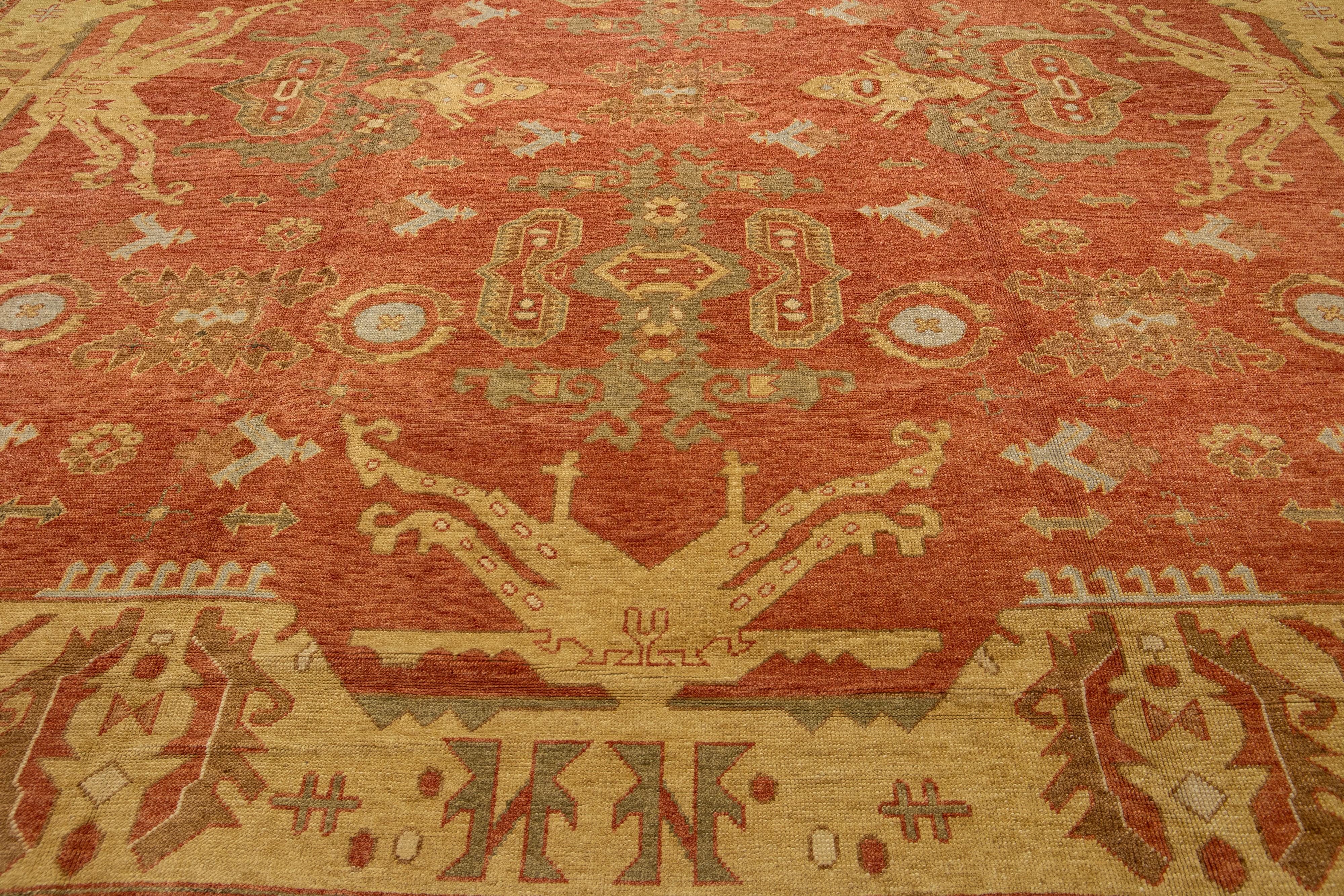 Handmade Modern Copper Turkish Oushak Wool Rug with Allover Motif For Sale 2