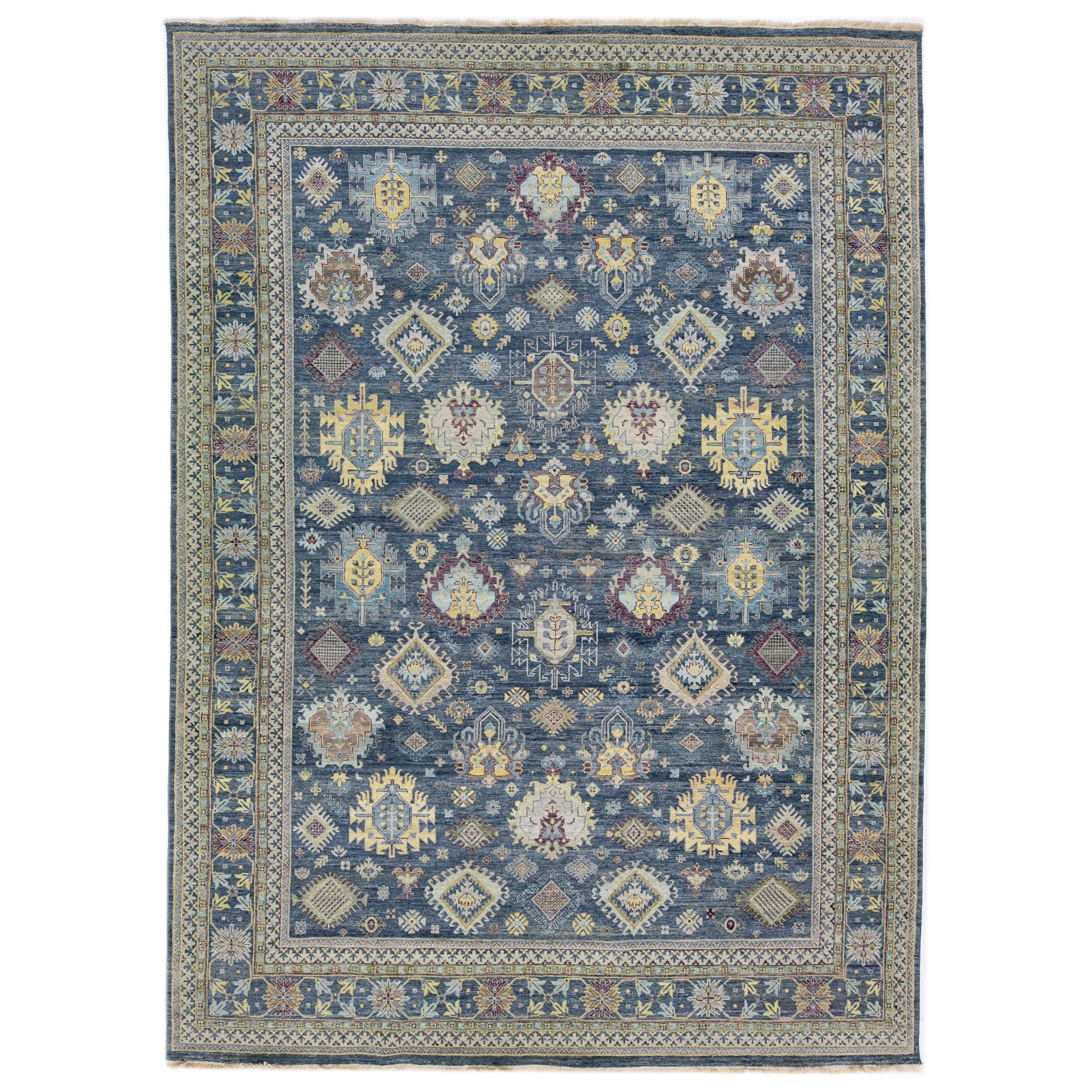 Tappeto di lana in stile Mahal di Apadana fatto a mano e dal design moderno in blu navy