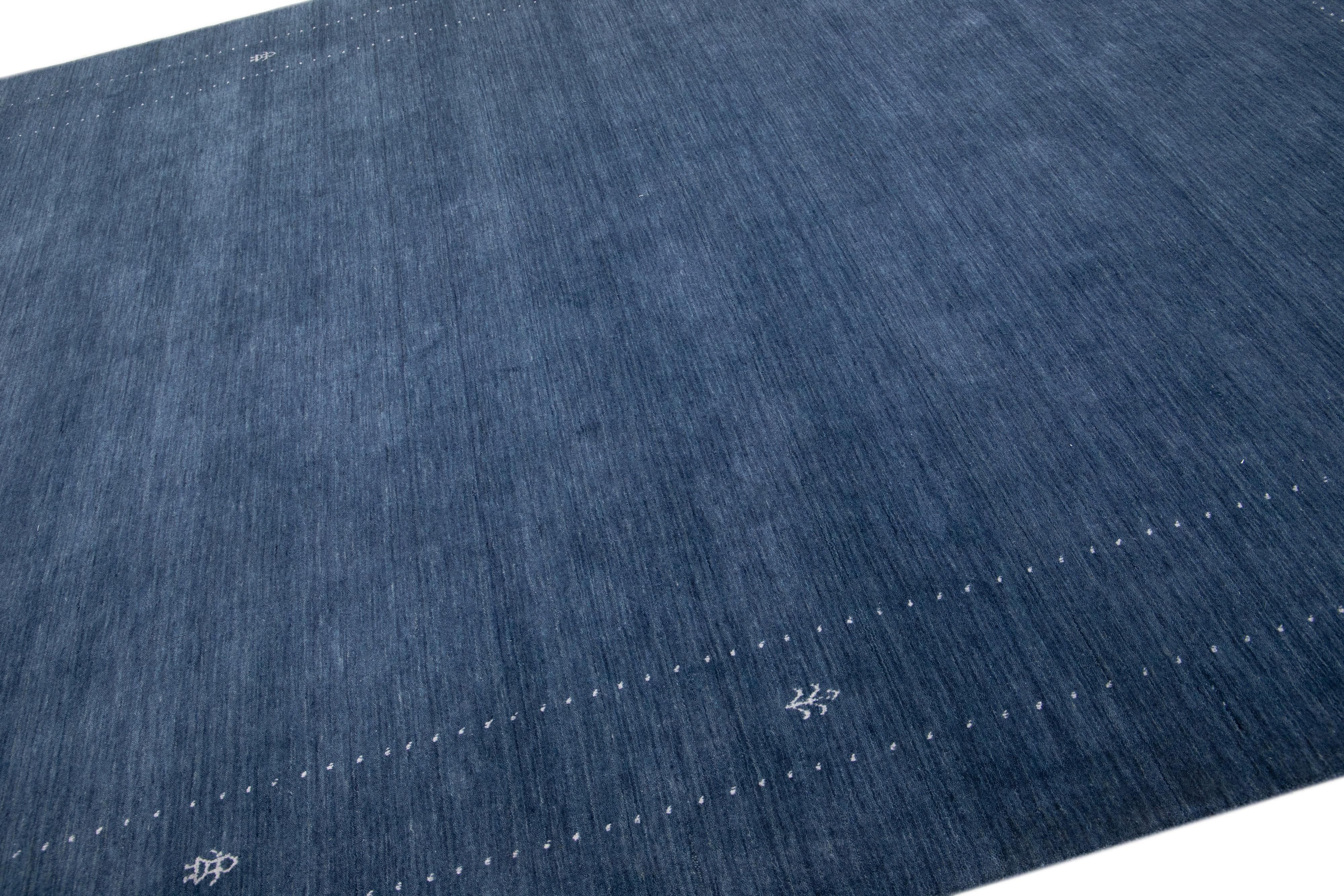 Indian  Handmade Modern Gabbeh Style Blue Wool Rug with Minimalist Motif For Sale