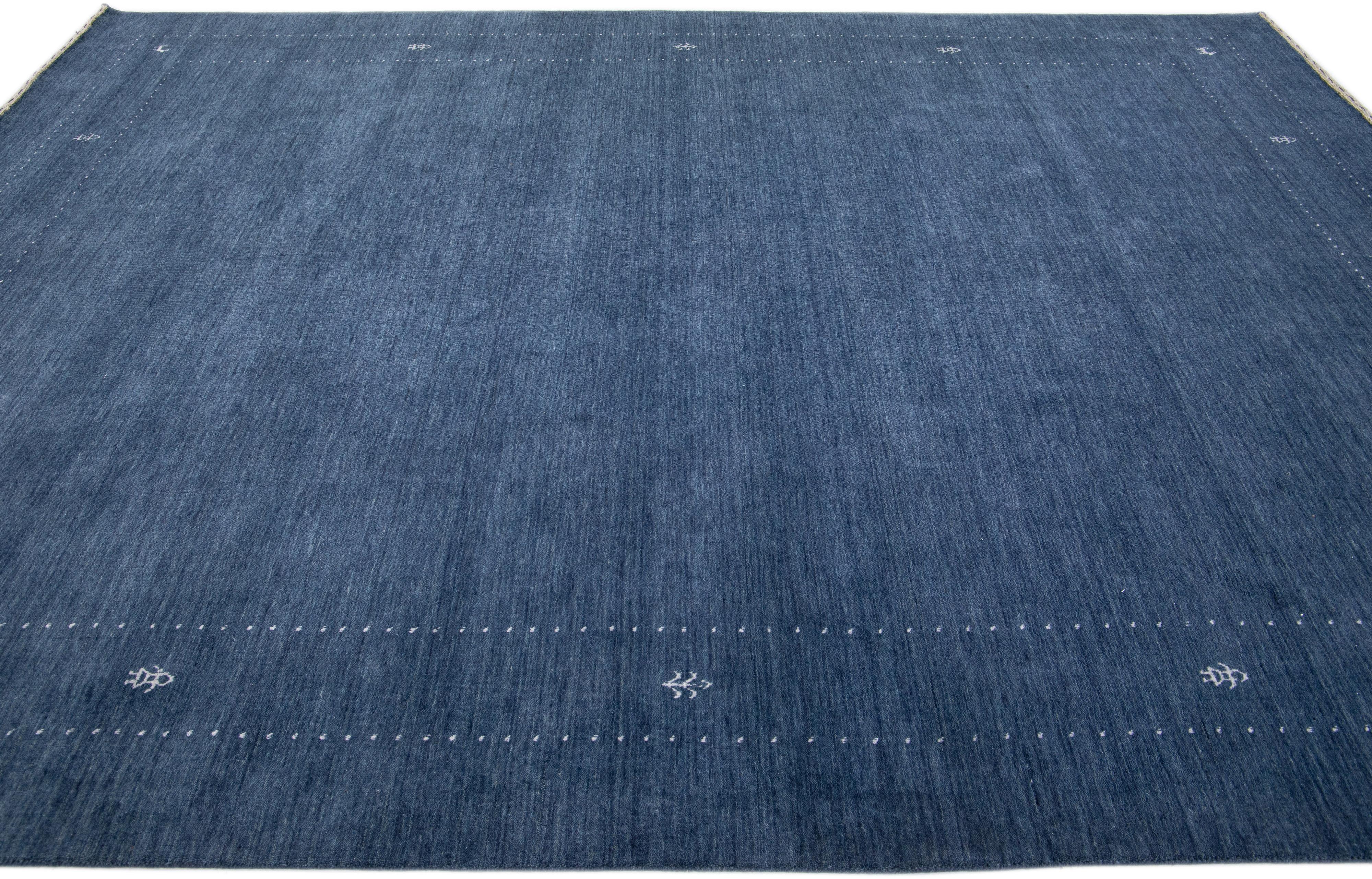 Hand-Woven  Handmade Modern Gabbeh Style Blue Wool Rug with Minimalist Motif For Sale