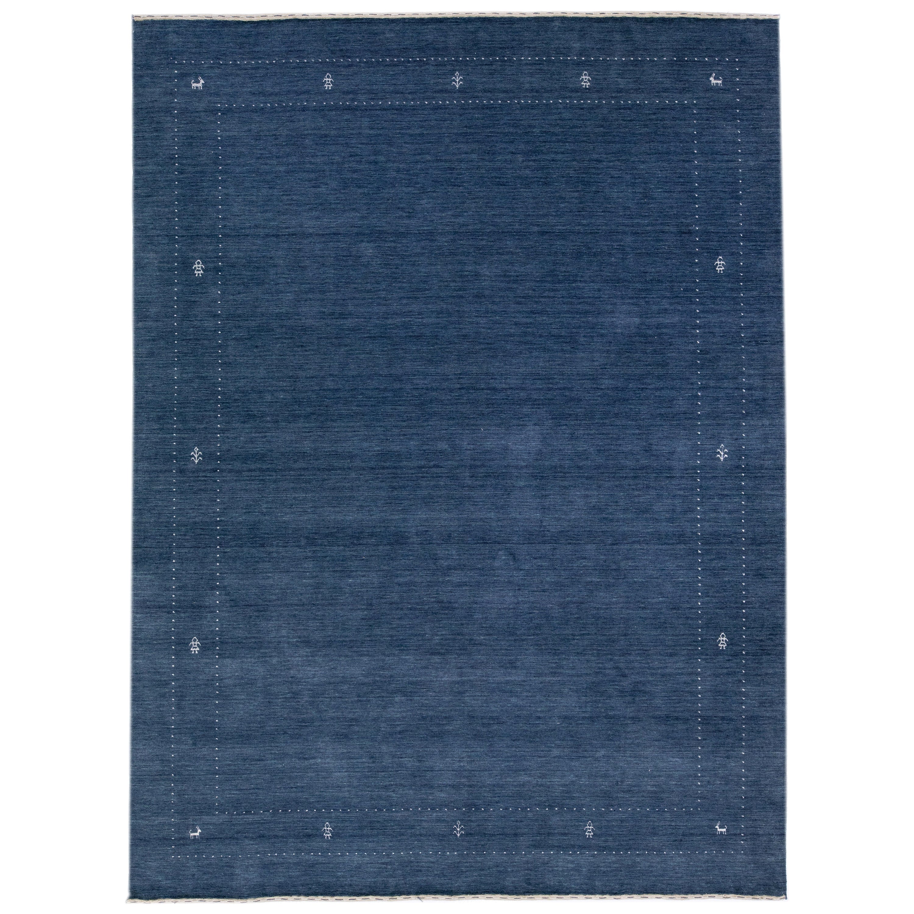 Handmade Modern Gabbeh Style Blue Wool Rug with Minimalist Motif