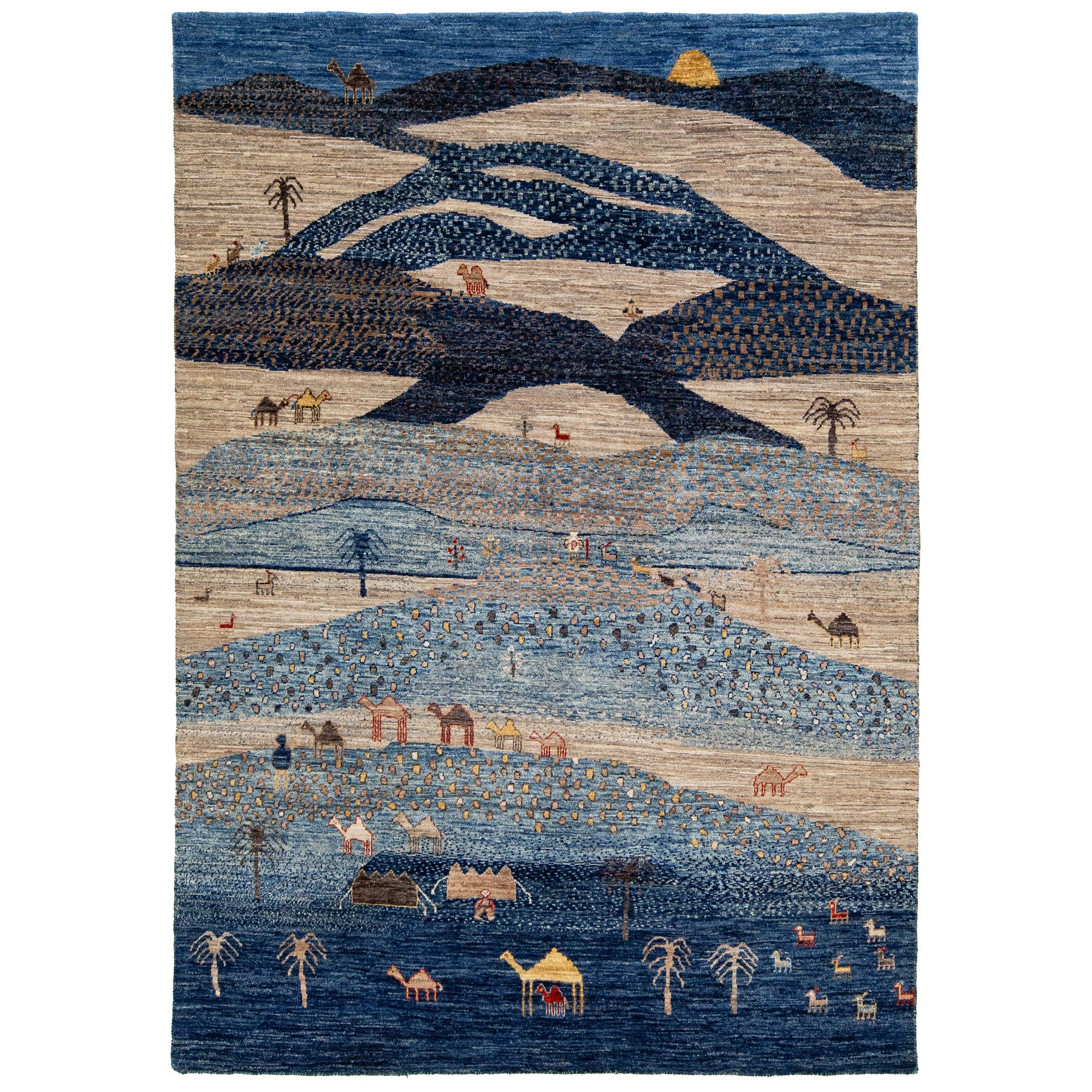 Tappeto di lana in stile Gabbeh moderno fatto a mano in blu con motivo pittorico in vendita