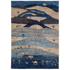 Tappeto di lana in stile Gabbeh moderno fatto a mano in blu con motivo pittorico